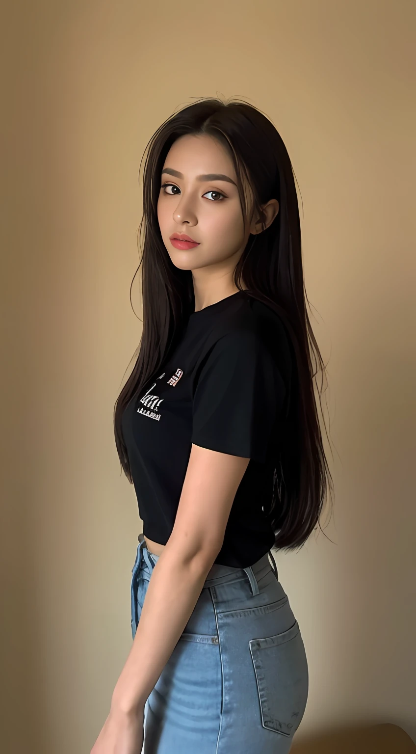 ((Best Quality, 8k, Masterpiece: 1.3)), Odak: 1.2, Perfect Body Beauty: 1.4, Buttock: 1.2, ((long hair)), ( Region: 1.1), (sun, Sokak:1.3), -Interior-the-Shoulder black T-shirt : 1.1, Highly detailed facial and skin texture, Beautiful eyes, Double eyelids, Beyaz ten, sin home , real life, real lighting in full body, evde koltukta oturan