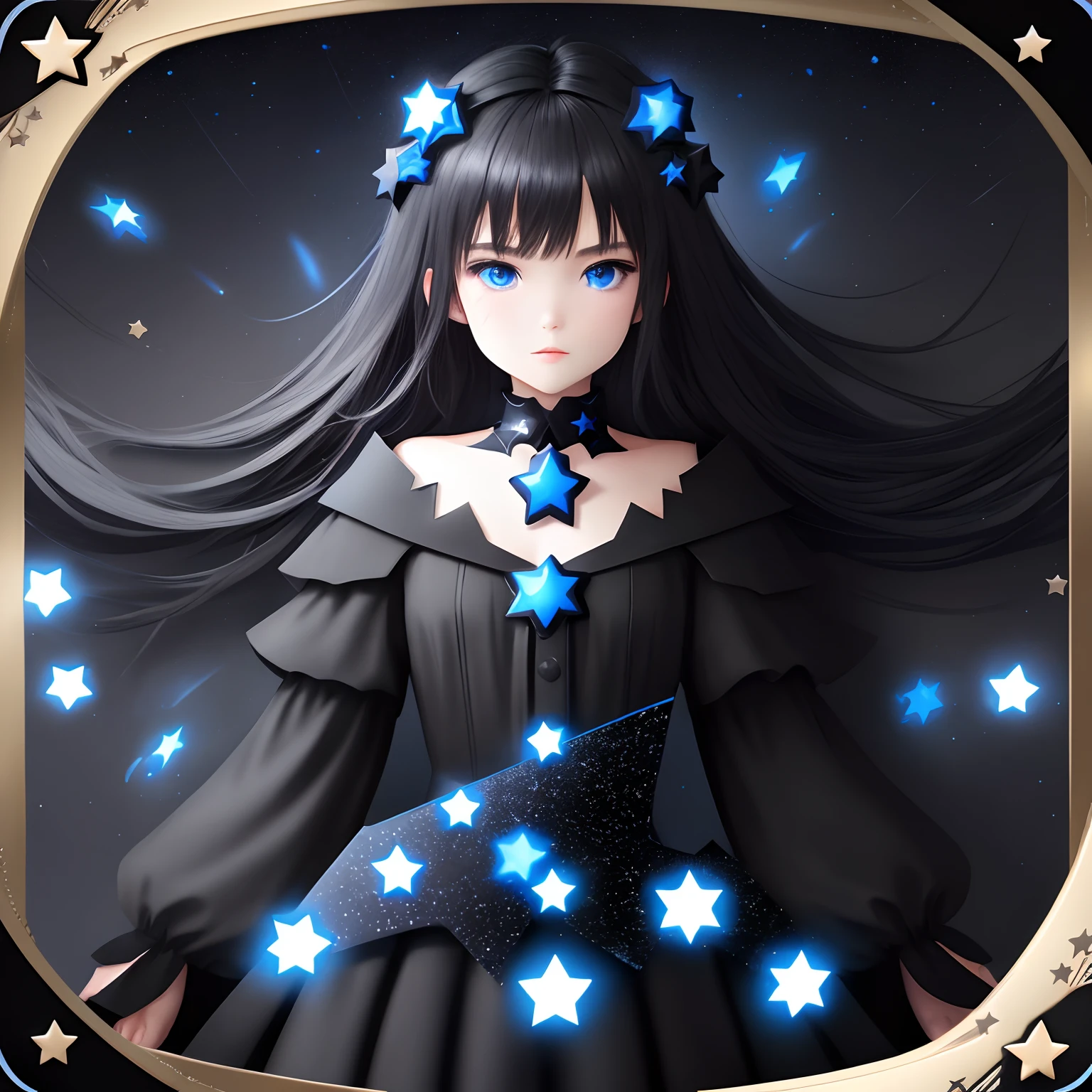 All-black background with blue stars circling a character in black clothing Star-shaped cards written anki inside the card