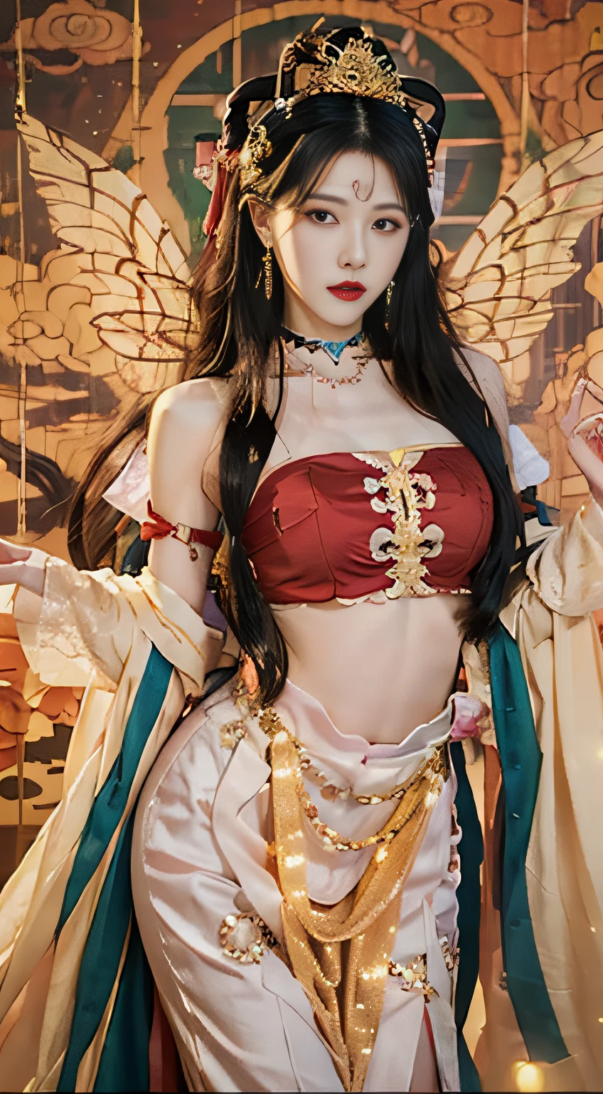 Masterpiece,Best quality,1girll, Dunhuang fairy flying action, Long soft hair, Black hair, Golden crown,Big long legs, Perfect body proportions,frontage, Chinese_clothes，Closed_Mouth,Earrings,jewelry,Lips,Redlip,eyeslashes,jewely,choker necklace,lipstick,