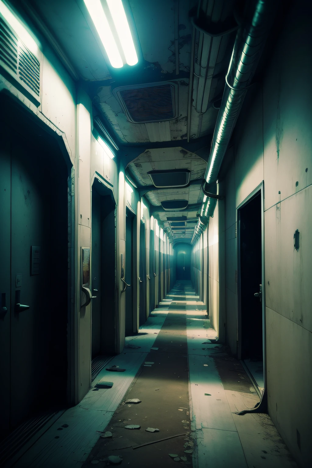 corridors of an abandoned space station, estilo terror, alien,