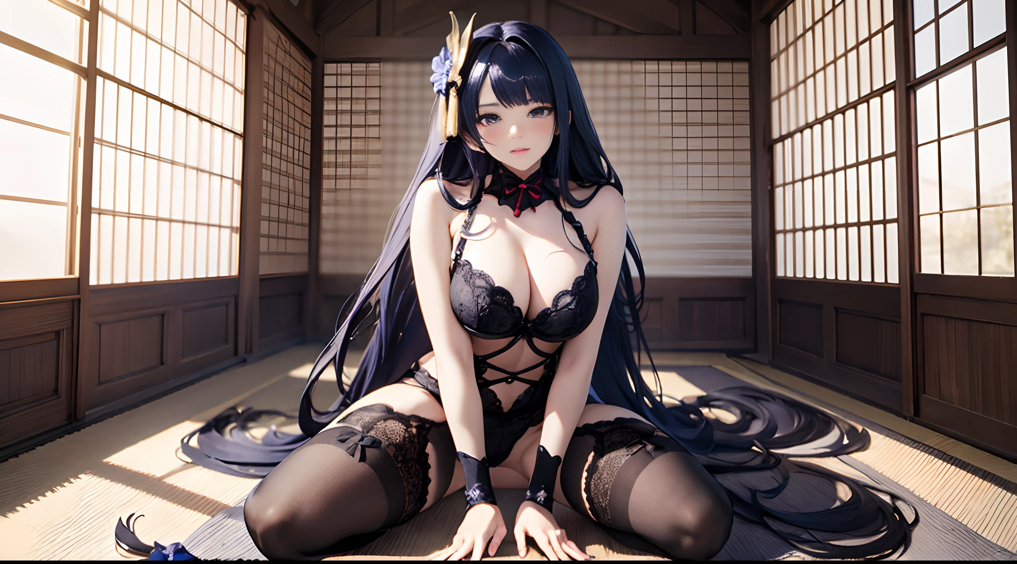 （Enrich the picture，Masterpiece level quality）Beautiful 8K CG artwork，Goddess-like posture，Kneeling exercise，Slim and soft，Translucent skin，Black hair、The beauty of extra-long hair, Super Long Straight Hair，The skin is fair and juicy，Underwear uniforms，Perspective Part 1.2x enhanced silhouette effect，Exquisite transparent blues pattern in pajamas，The details are intricate and exquisite，The background is slightly blurred，Charming and lustful leg seduction，Drool，Extra-large big breasts，Blush，Japan goddess，Perfect body slim curves，