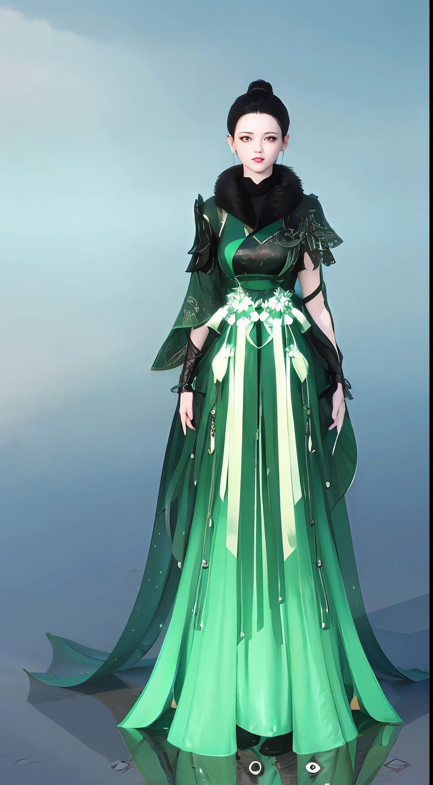1 woman（beauitful face）、Full body standing painting，独奏，Transparent background，Game character costume design，Gorgeous green dress、bamboo leaves pattern，insanely details，cinematic colorgrade，Ultra photo realsisim，Digital SLR，white backgrounid，超高分辨率，Sharp focus，tmasterpiece，hdr，8K，（The is very detailed的 CG unified 8k 壁纸）
