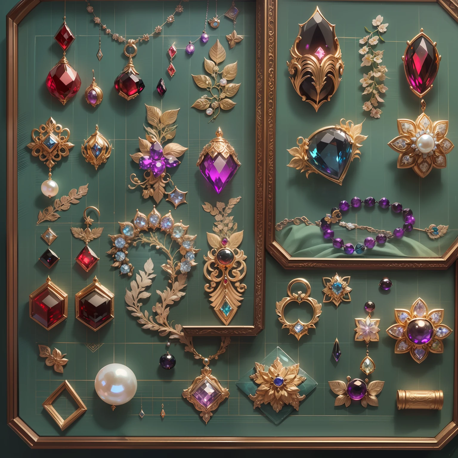 (Japanese style:1.2),(Full Focus:2),(Everything is laid out in a display case:1.3),(Silk products|medal|ore|obsidian|pearls|hisui|white jade|amethyst|sapphires|Gold products|Silver products|Purple gold|Magical jewelry|antiquarian|Red Jewel|Diamond|topaz|:2),Magic symbols,Magic light particle effect,High-tech luxury, High-value jewelry,,High-value metals,luxury goods,Puzzles are prohibited, Detailed and complex background, glittery, reflective light, hyper HD, Award-Awarded, A high resolution, High detail, Chiaroscuro, Cinematic lighting, Masterpiece, Ray traching,structurally correct, Super detail, High quality, High details, Best quality, 16k