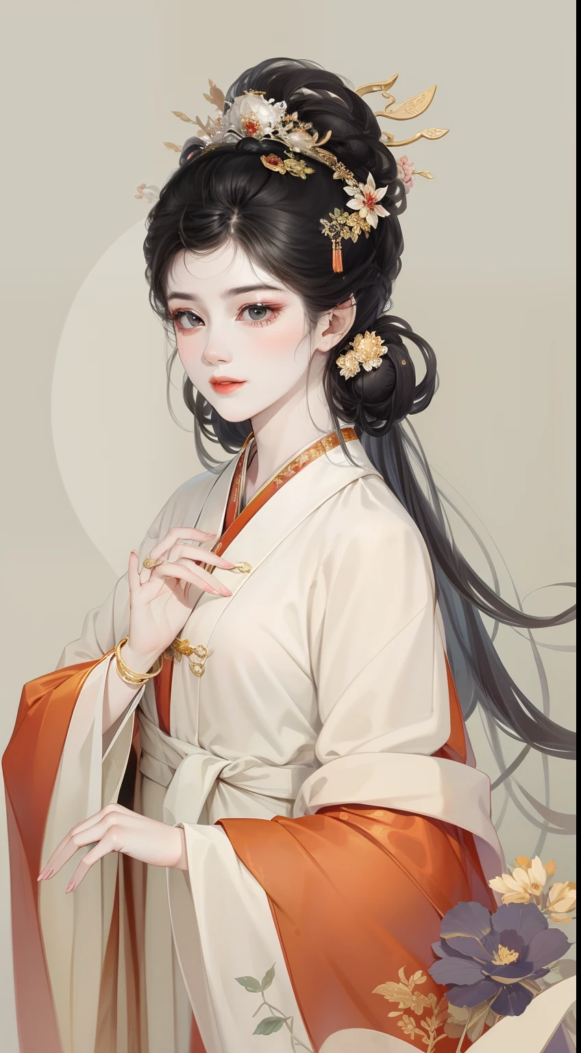 A beautiful girl in ancient China，The facial features are delicate and fair，Cool temperament，Black hair coiled into a bun，Wears a gold coat on his head，Chinese Song Dynasty clothing，Big red wedding dress，Long black hair, rays of sunshine，Clear face，ultraclear，tmasterpiece，ultra - detailed，high qulity，HighestQuali，The main color is red，Background simple elements。Invisible hands，No hands。