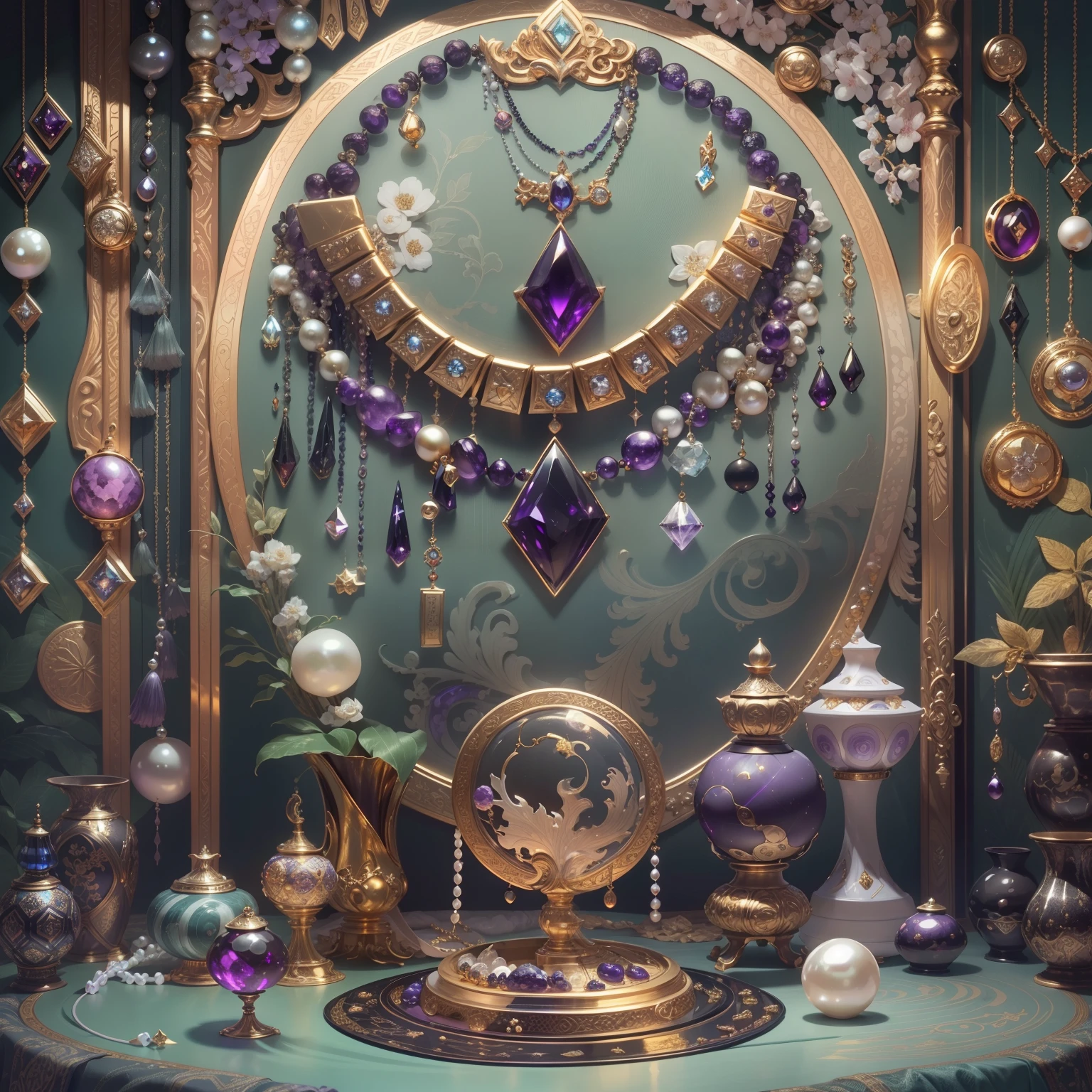 (Japanese style:1.2)，(Full Focus:2),(Everything is laid out in a display case:1.3)，(Silk products|medal|ore|obsidian|pearls|hisui|white jade|amethyst|sapphires|Gold products|Silver products|Purple gold|Magical jewelry|antiquarian|Red Jewel|Diamond|topaz|:2)，Magic symbols，Magic light particle effect，High-tech luxury， High-value jewelry,，High-value metals，luxury goods，Puzzles are prohibited, Detailed and complex background, glittery, reflective light, hyper HD, Award-Awarded, A high resolution, High detail, Chiaroscuro, Cinematic lighting, Masterpiece, Ray traching，structurally correct, Super detail, High quality, High details, Best quality, 16k