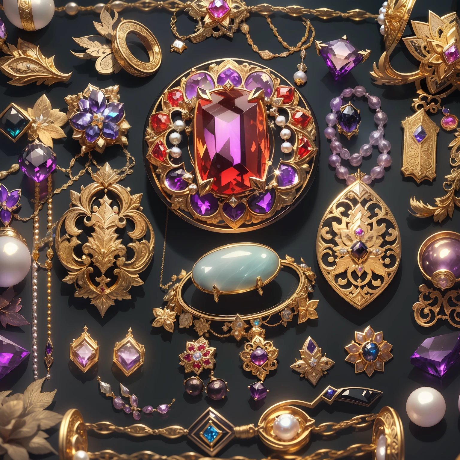 (Japanese style:1.2)，(Full Focus:2),(Everything is laid out in a display case:1.3)，(Silk products|medal|ore|obsidian|pearls|hisui|white jade|amethyst|sapphires|Gold products|Silver products|Purple gold|Magical jewelry|antiquarian|Red Jewel|Diamond|topaz|:2)，Magic symbols，Magic light particle effect，High-tech luxury， High-value jewelry,，High-value metals，luxury goods，Puzzles are prohibited, Detailed and complex background, glittery, reflective light, hyper HD, Award-Awarded, A high resolution, High detail, Chiaroscuro, Cinematic lighting, Masterpiece, Ray traching，structurally correct, Super detail, High quality, High details, Best quality, 16k