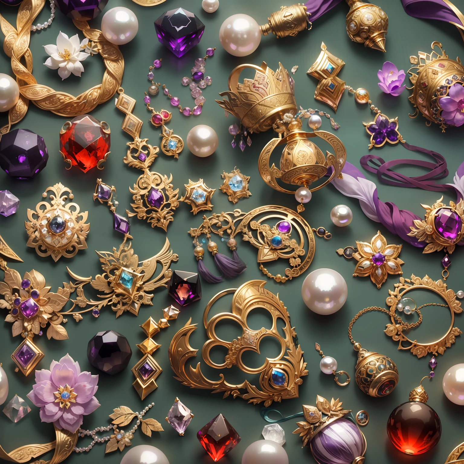 (Japanese style:1.2)，(Full Focus:2),(Everything is laid out in a display case:1.3)，(Silk products|medal|ore|obsidian|pearls|hisui|white jade|amethyst|sapphires|Gold products|Silver products|Purple gold|Magical jewelry|antiquarian|Red Jewel|Diamond|topaz|:2)，Magic symbols，Magic light particle effect，High-tech luxury， High-value jewelry,，High-value metals，luxury goods，Puzzles are prohibited, Detailed and complex background, glittery, reflective light, hyper HD, Award-Awarded, A high resolution, High detail, Chiaroscuro, Cinematic lighting, Masterpiece, Ray traching，structurally correct, Super detail, High quality, High details, Best quality, 16k