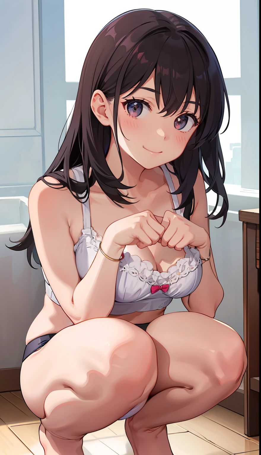 1girl in、A smile、Underwear、Cute underwear、Upper body portrait、Squatting panchira、