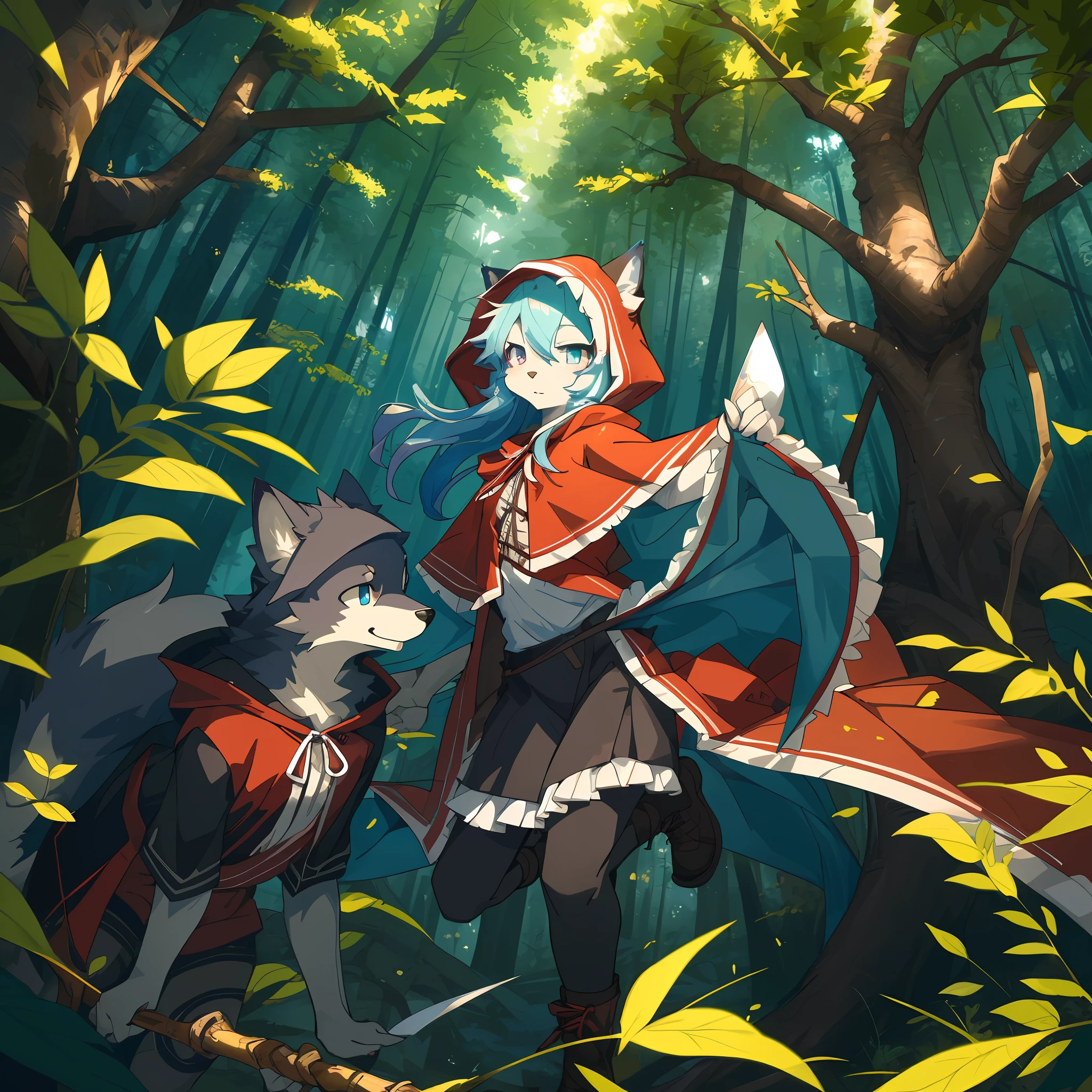 top quality, best quality, High-quality illustrations, masterpiece, super high resolution, detailed background, Little Red Riding Hood, forest, wolfs, absurdres(highly detailed beautiful face and eyes)perfect anatomy, expression, good lighting, cinematic shadow(kemono, furry anthro)assorted poses, dynamic angle,