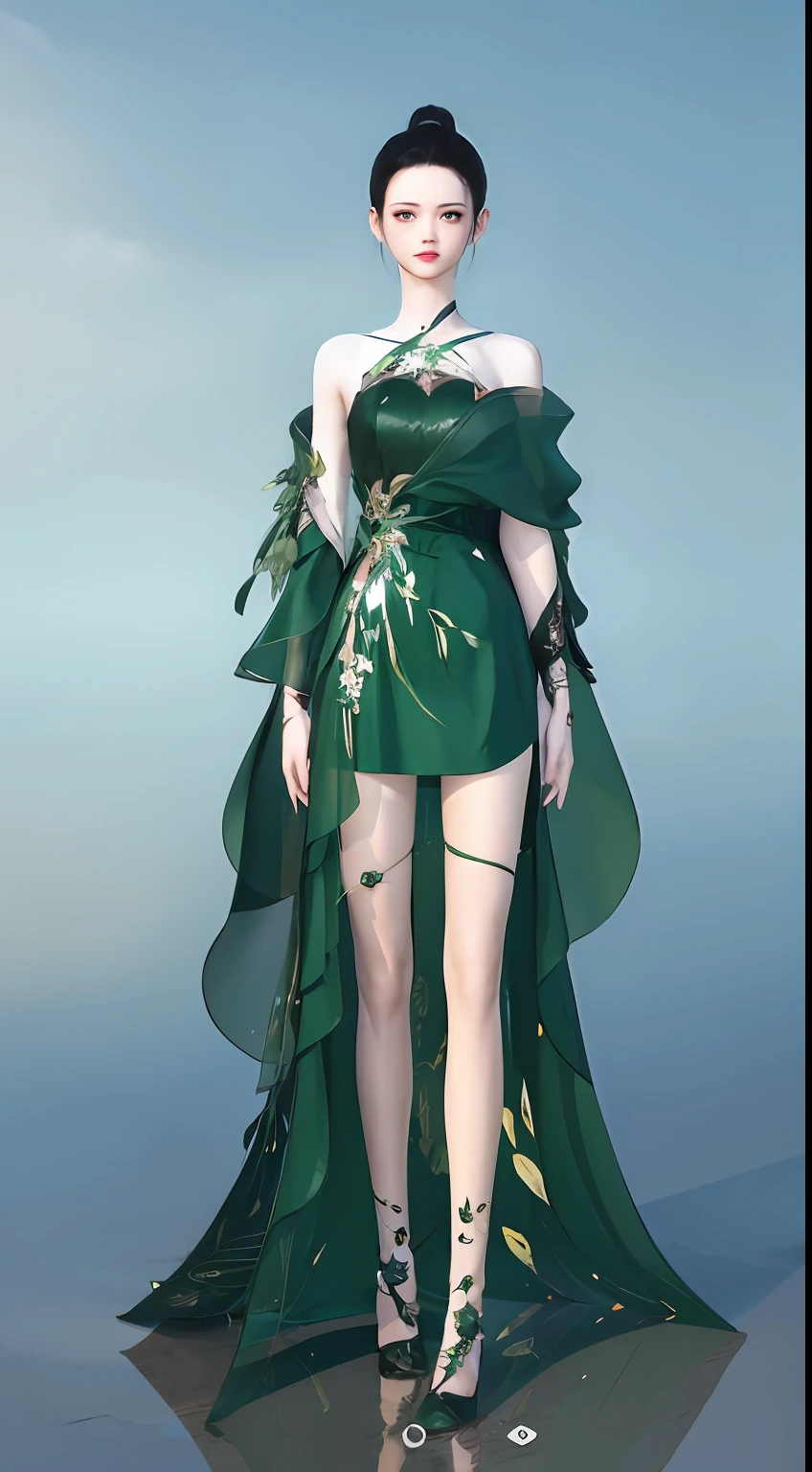 1 woman（beauitful face）、Full body standing painting，独奏，Transparent background，Game character costume design，Gorgeous green dress、bamboo leaves pattern，insanely details，cinematic colorgrade，Ultra photo realsisim，Digital SLR，white backgrounid，超高分辨率，Sharp focus，tmasterpiece，hdr，8K，（The is very detailed的 CG unified 8k 壁纸）