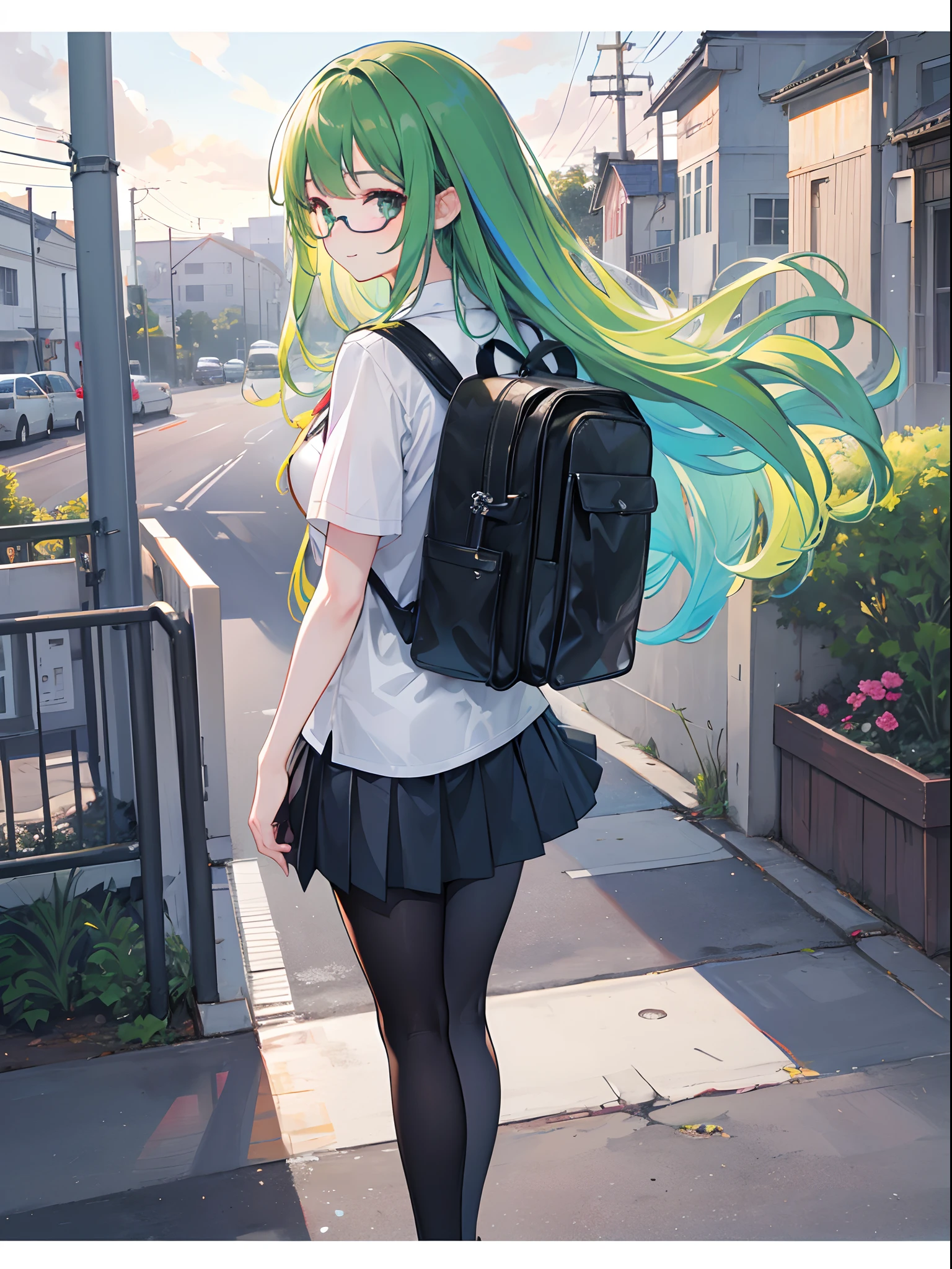 (masterpiece), best quality, expressive eyes, perfect face, 1girl, solo, (bokeh: 1.2) , (illustration: 1.1), (best eyes: 1.3), (scenery: 1.2), (sketch: 1.1), (colorful: 0.9), (depth of field: 0.75),
(detailed eyes: 1.4), (school uniform: 1.2), long hair, calm eyes, glasses, ((green eyes: 1.3)), (multicolored hair: 1.2), (rainbow hair),
(Intricate shirt: 1.4), (black legging), ((short sleeves)), button on, (medium skirt: 1.2), (leather shoes), medium breast, tall body, ((backpack)),
looking_at_viewer, smile, school, outdoor, warm, afternoon, sun set, view from behind, after school,