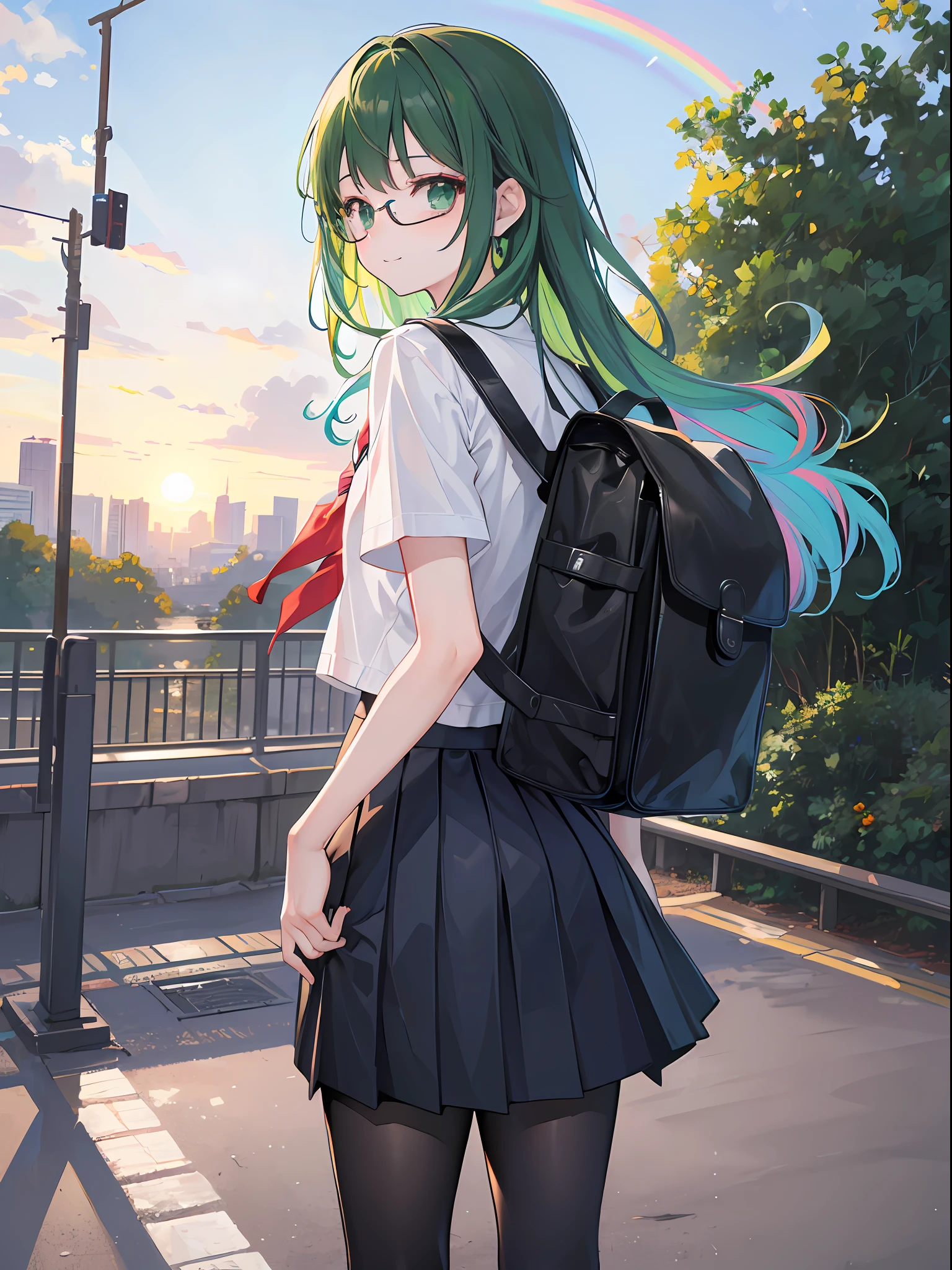 (masterpiece), best quality, expressive eyes, perfect face, 1girl, solo, (bokeh: 1.2) , (illustration: 1.1), (best eyes: 1.3), (scenery: 1.2), (sketch: 1.1), (colorful: 0.9), (depth of field: 0.75), 

(detailed eyes: 1.4), (school uniform: 1.2), long hair, calm eyes, glasses, ((green eyes: 1.3)), (multicolored hair: 1.2), (rainbow hair),

(Intricate shirt: 1.4), (black legging), ((short sleeves)), button on, (medium skirt: 1.2), (leather shoes), medium breast, tall body, ((backpack)),

looking_at_viewer, smile, school, outdoor, warm, afternoon, sun set, view from behind, after school,