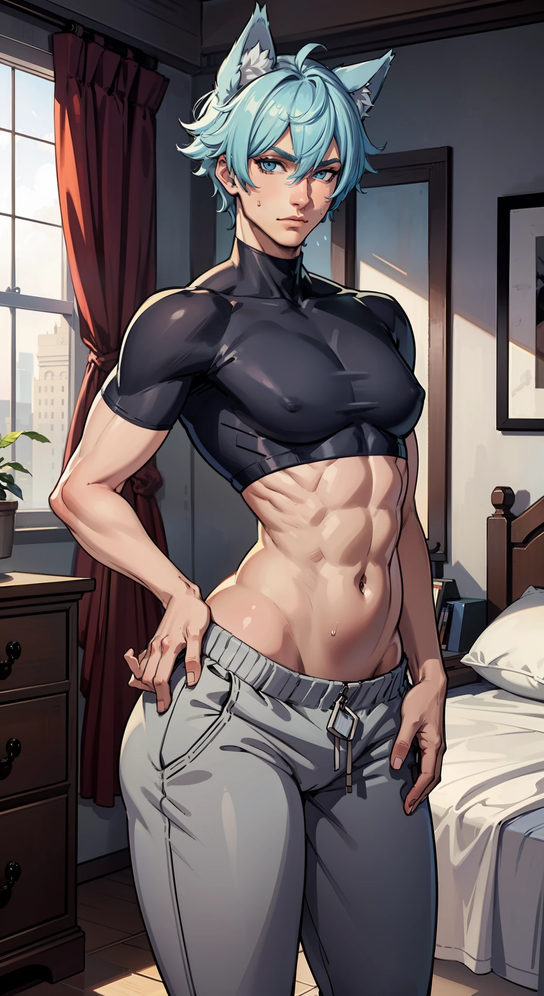 1boy, gray hair, vibrant blue eyes, big sharp wolf ears, wolf tail, staring at viewer, masterpiece, vibrant colors, shadows, tall, bedroom setting, effeminine, sweatpants, shirtless, slim waist, big hips, wide hips, large butt, slim body