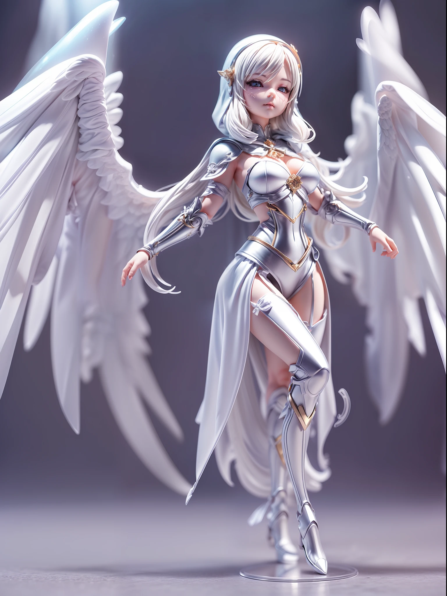 (Blind box toy style:1.3),((Full body shot)) , (1 female angel)(((solo))) transparent cloth armor,transparent Cloth hood, dreamy glow, Clean background,white and silver style,(circular base)( Global illumination, Ray tracing, hdr, unreal render,reasonable design, high detail, Masterpiece, Best quality, hyper HD, Cinematic lighting)