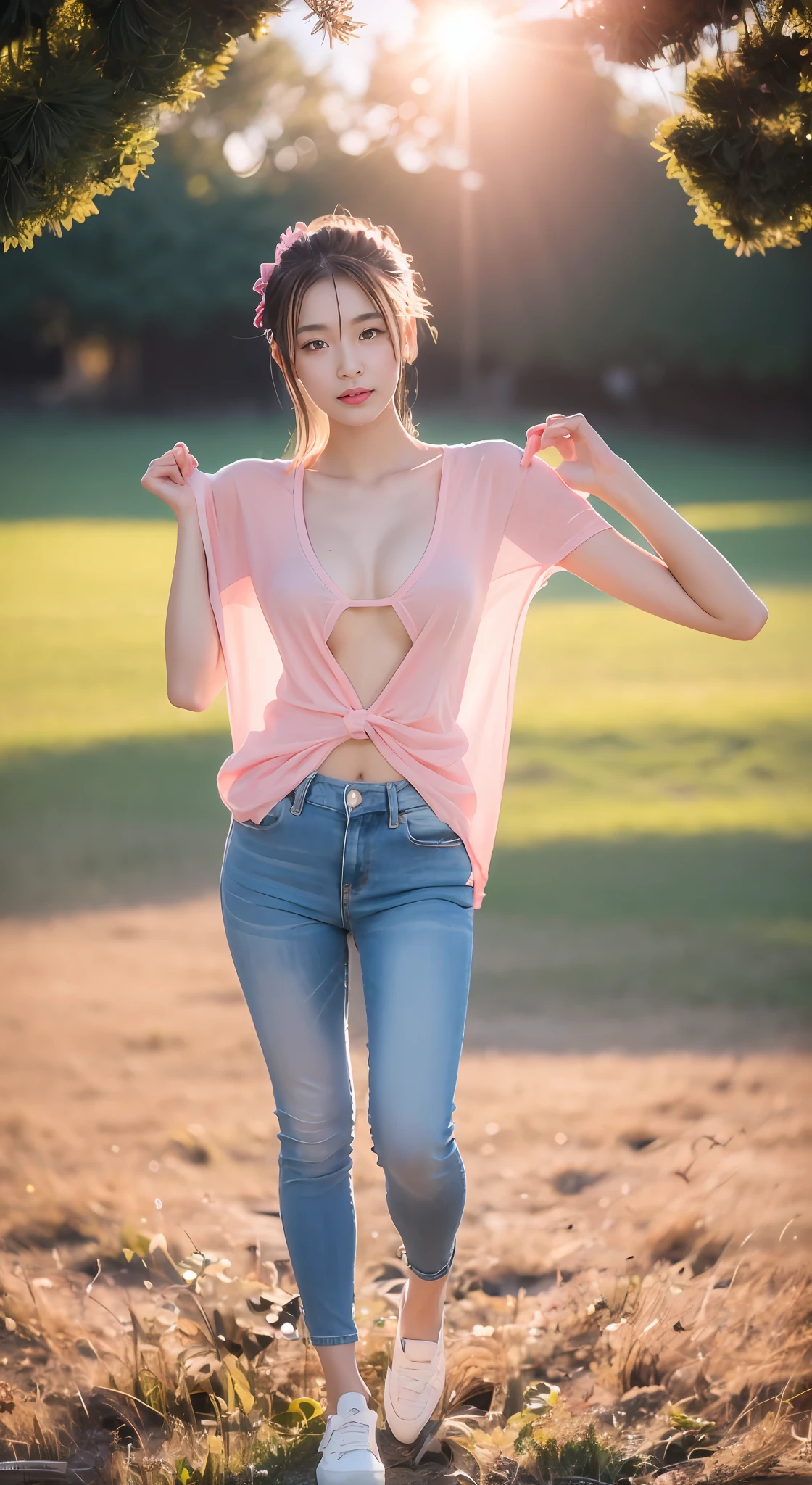 ((Best quality, 8K HD, Masterpiece: 1.3)),  (Wet clothes: 1.1), (rain, grassy fields: 1.3), 1 beautiful woman taking pictures on the grass，RAW photos，tmasterpiece，（highdetailskin：1.2），8k ultra high definition，digital SLR camera，gentlesoftlighting，high high quality，filmgrain，富士XT3，20 years old Asian woman，Wear simple clothes，T-shirt and skinny jeans，Detailed clothing details:1.3，perfect body figure，Perfect breasts and nipple bulge，The legs are straight and slender，Branded stylish shoes:0.6，Super detailed facial details and skin，Fair pink face and skin，The skin is pink，with light glowing，二重まぶた，Super detailed eyes，(Gloss on lips, eyeslashes, Glossy face, Best quality, Super high resolution, warm color，Wide lighting, naturalshadow), Coquettish and sexy, Full body shooting: 1.8