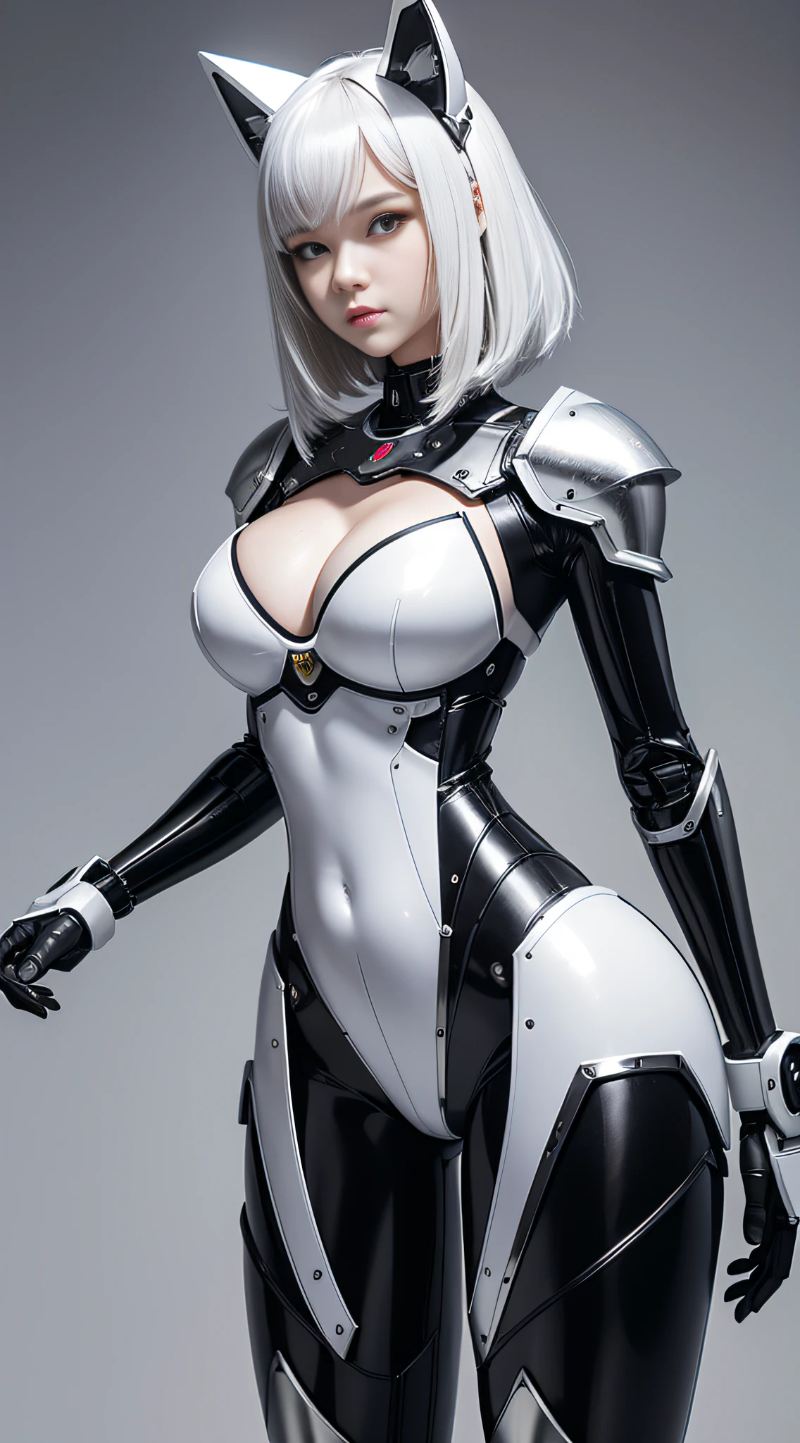 Extremely cute human eighteen year old girl face, human torso, human huge boobs, human abdomen, human hips, robotic arms, mechanical legs, arms and legs with hard white shiny shell and black joints, very beautiful and feminine, short, petite, small, small, busty buttocks, medium bust, cleavage display, flat belly display, partial helmet with antenna on the ear, black robot joints, very stylish, award-winning product design, black rubber tights, Shiny white metal cuirass opens at cleavage and belly, white metal rump with folds, armor with stylish, glowing trim, mecha fox tail --auto