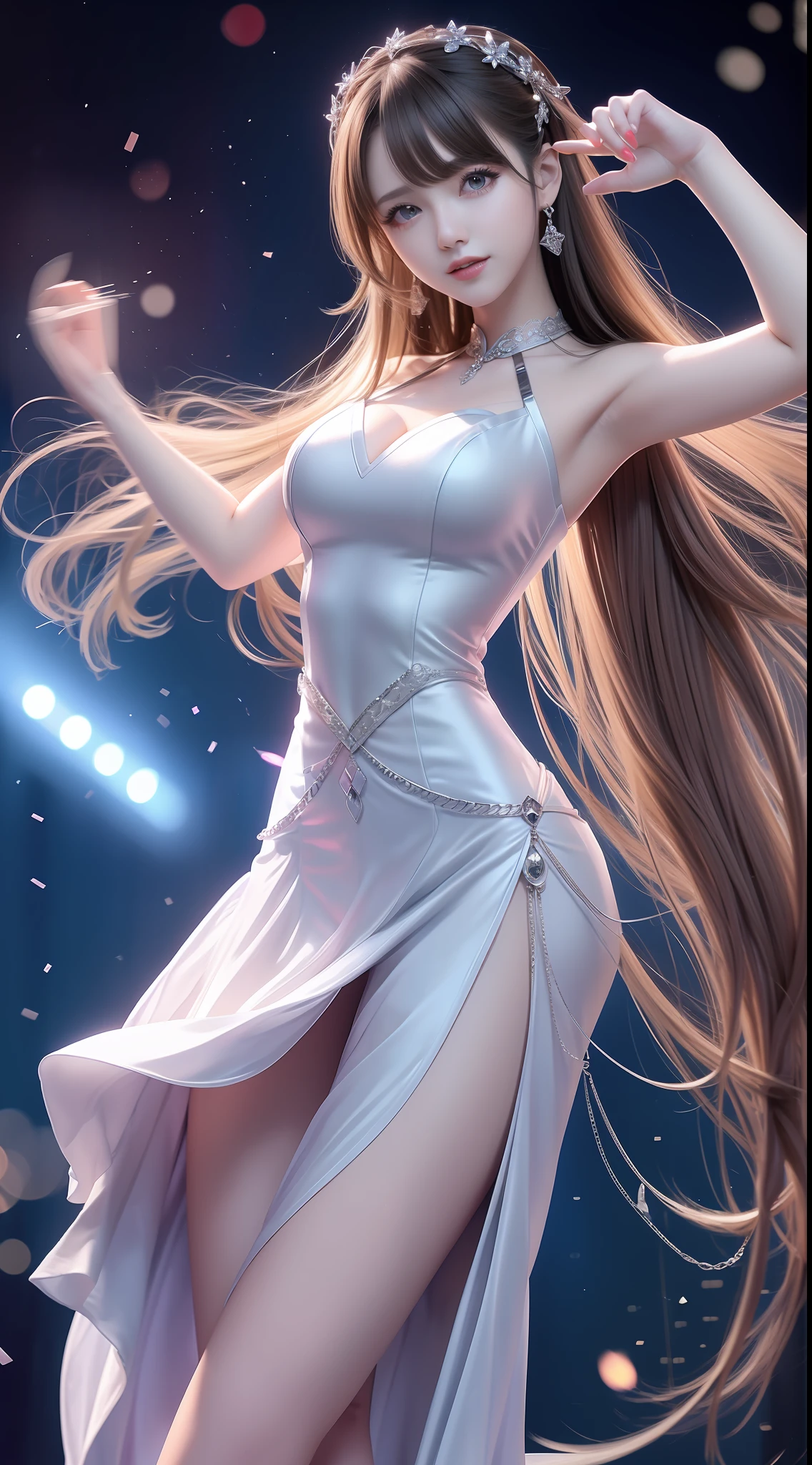 4K Ultra HD, Masterpiece, Very high quality, A girl, Age 22 years girl, Good face, Smooth face, Detailed eyes, Beautiful hair, Very long hair, Hair Band, Cute look, (C cup),Silver party outfit, shiny dress, night club, Party lighting, in club, be on stage, Full body capture,