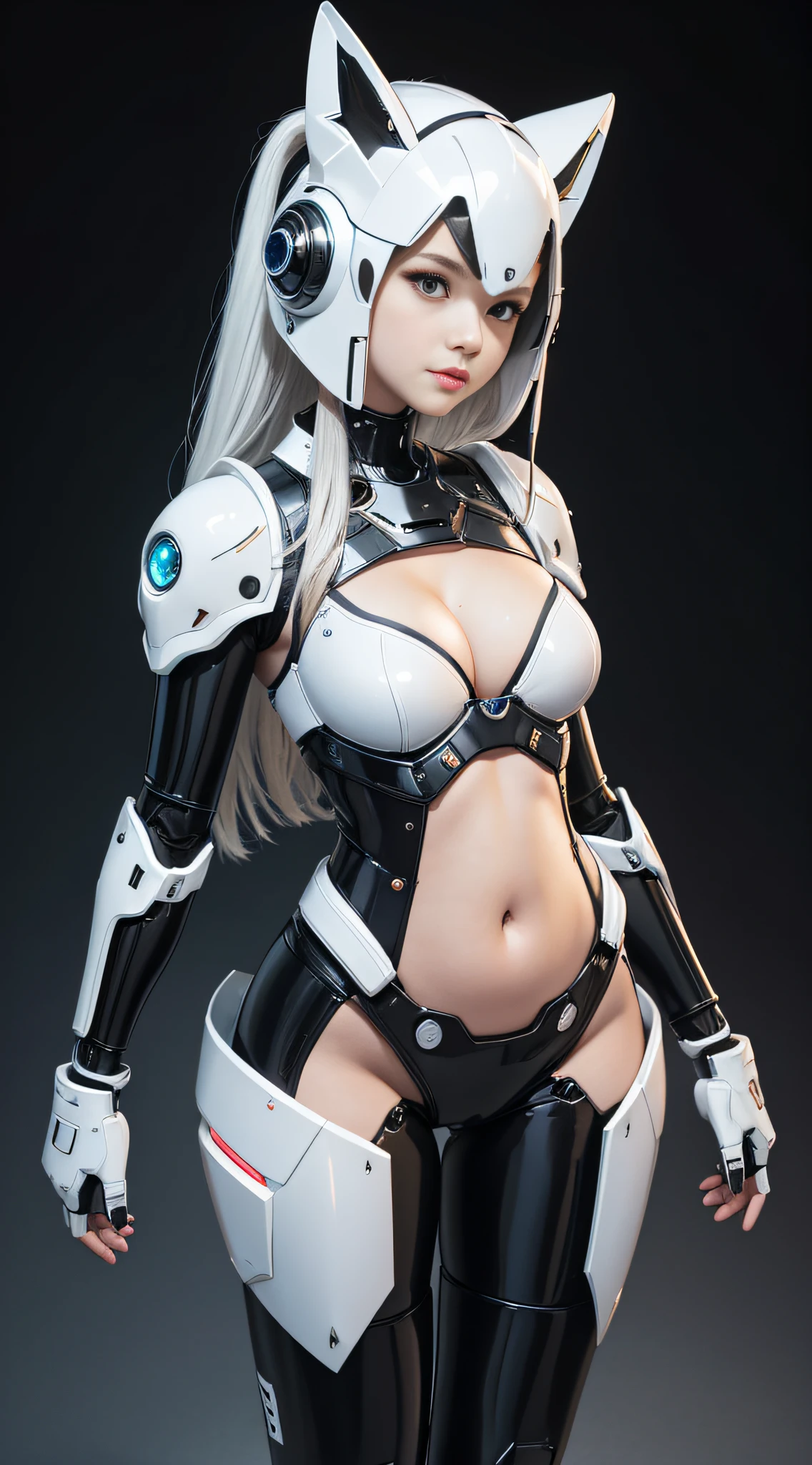 Extremely cute human  girl face, human torso, human huge boobs, human abdomen, human hips, robotic arms, mechanical legs, arms and legs with hard white shiny shell and black joints, very beautiful and feminine, short, petite, small, small, busty buttocks, medium bust, cleavage display, flat belly display, partial helmet with antenna on the ear, black robot joints, very stylish, award-winning product design, black rubber tights, Shiny white metal cuirass opens at cleavage and belly, white metal rump with folds, armor with stylish, glowing trim, mecha fox tail --auto