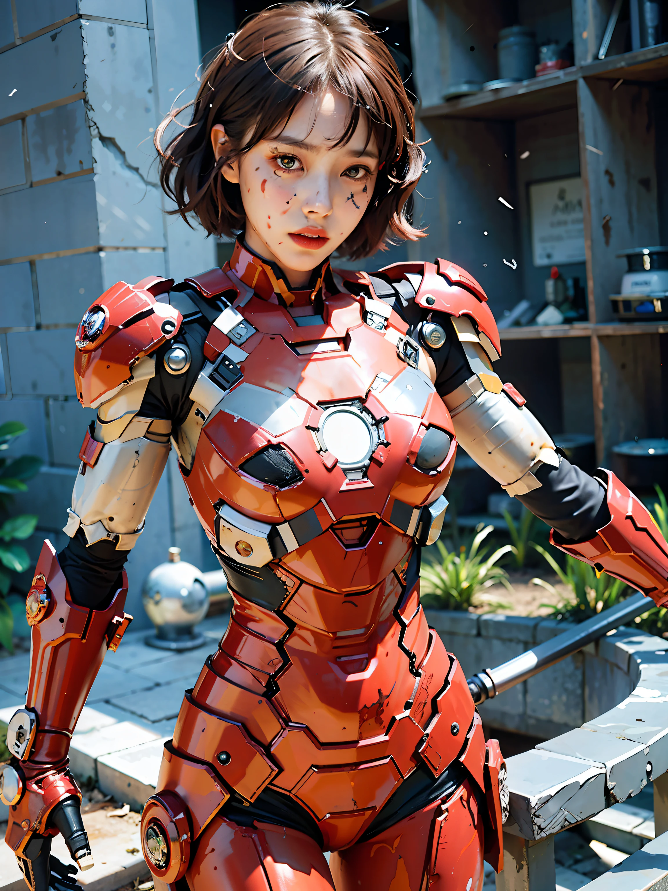 (horor)、(Bloody)、(Tired and weak face、busted lips、bleeding lips)、(perfect bodies、perfect tits、perfect thighs)、((dirty and bloody skin))、(Tears、Bloods、Bruises on the face and body、blood flowing from head and face、injuries on body、Damage)、(Wearing an Iron Man suit、Broken parts、Damage to a cracked arc reactor、Cracked armor、Damaged)、