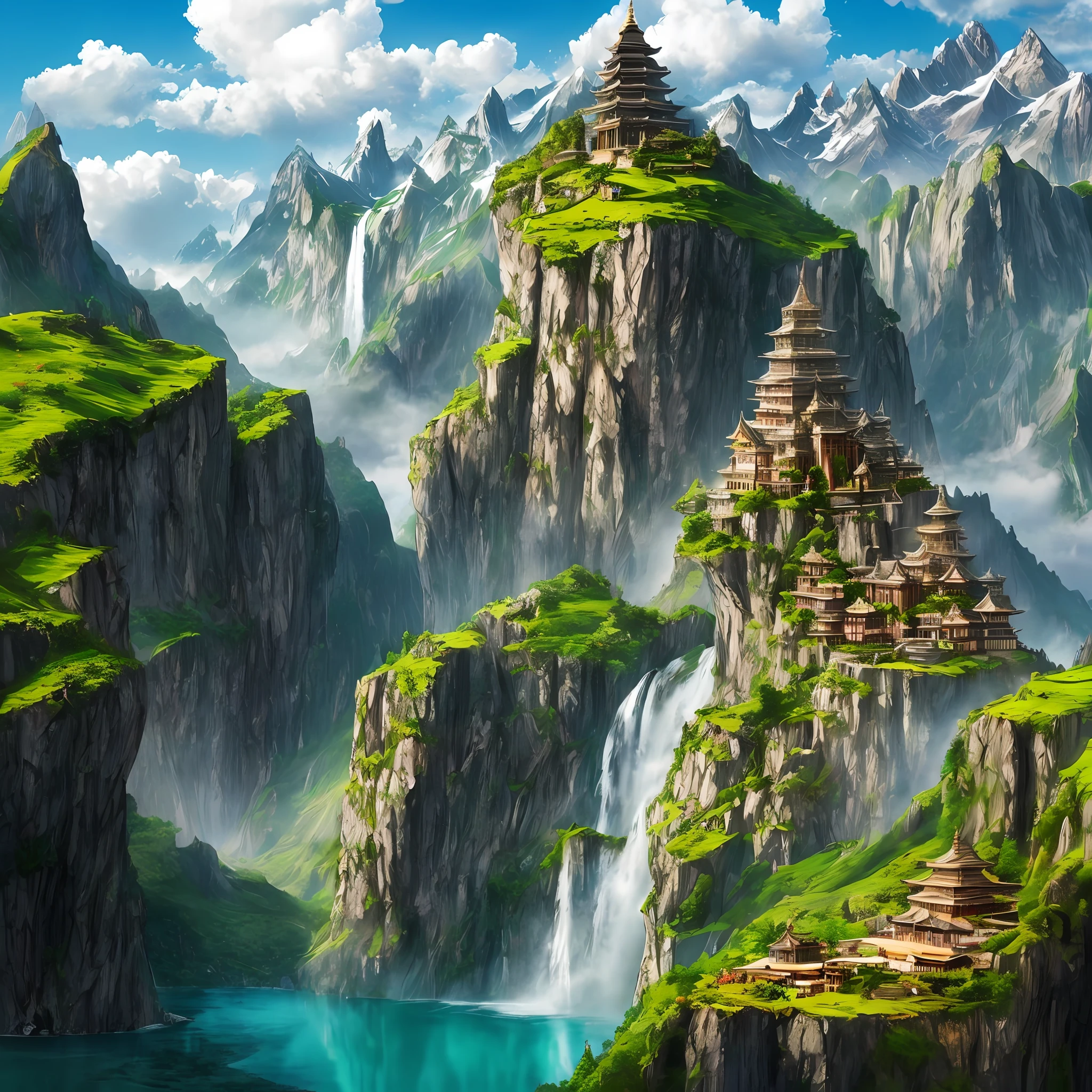 Wonderland, mountains, clouds, waterfalls, temples