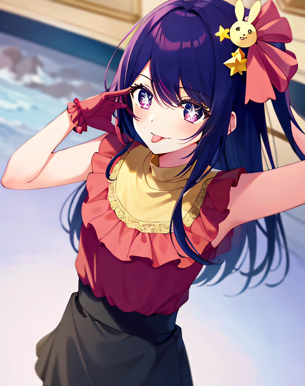 1girl, full body, cowboy shot,
(Rembrandt), illustration, (masterpiece), (best quality), (ultra_detailed), finely detail, (Depth of field),
HshinoAi,gloves, tongue out, tongue, long hair, star \(symbol\), looking at viewer, (purple hair:1.2), purple eyes, upper body, hair ornament, :p, frills, pink shirt, smile, sleeveless, shirt, idol, symbol-shaped pupils, hands up, bangs, one side up, star-shaped pupils, arms up,
dress pull,
Roaring Twenties, isometric, from above, sky, flower, cliff,