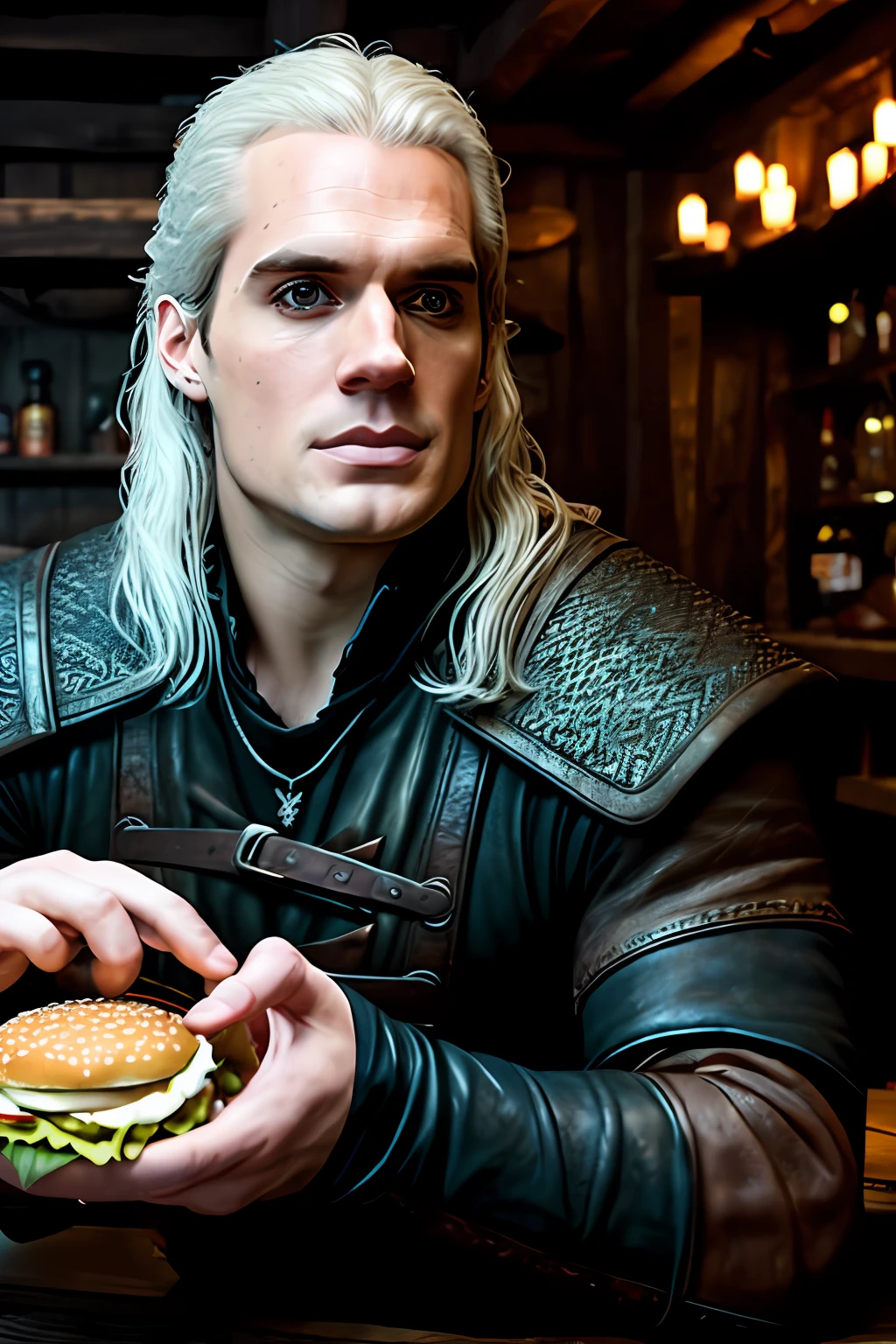 1man, Henry Cavill como Geralt de Rivia The Witcher, eating a burguer