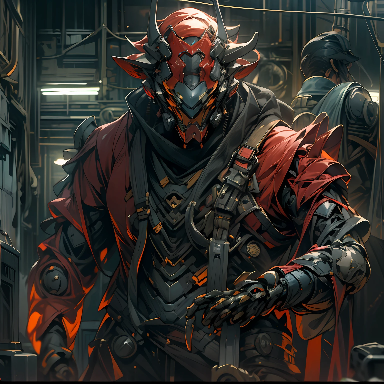 Dark_fantasy,Cyberpunk,(Chainsaw,chainsawman,Red:1.1),1人,Mechanical Wonder,Robotic presence,cybernetic guardians,wearing a worn-out mech suit，（masked），（（Overlay control）），iintricate，（Steel metal[Reflective]），ellegance，Clear focus，Photo by Greg Rutkowski，gentlesoftlighting，vivd colour，tmasterpiece，（（the street）），cow boy shot，dynamicposes，