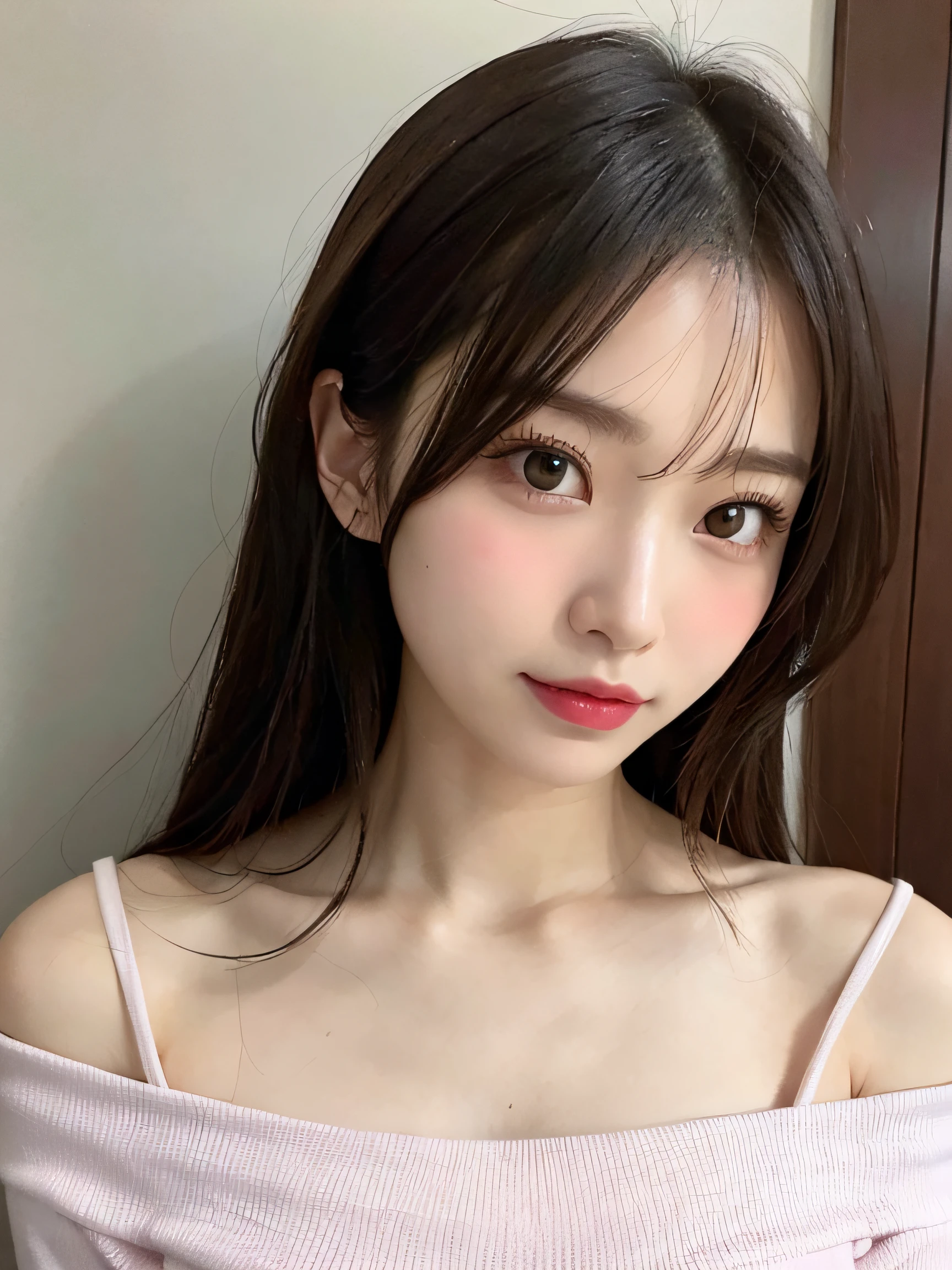 Beautiful woman with gentle and attractive Japan, half-body photo, delicate and sexy collarbone, attractive plump face, double eyelids, smart sagging eyes, pink lips, small upturned nose, small breasts, bare shoulders, concentrated face, face close-up, super high definition, very detailed and elegant appliqué cotton jersey sweatshirt is made from cotton jersey, It is characterized by a loose and languid silhouette.
