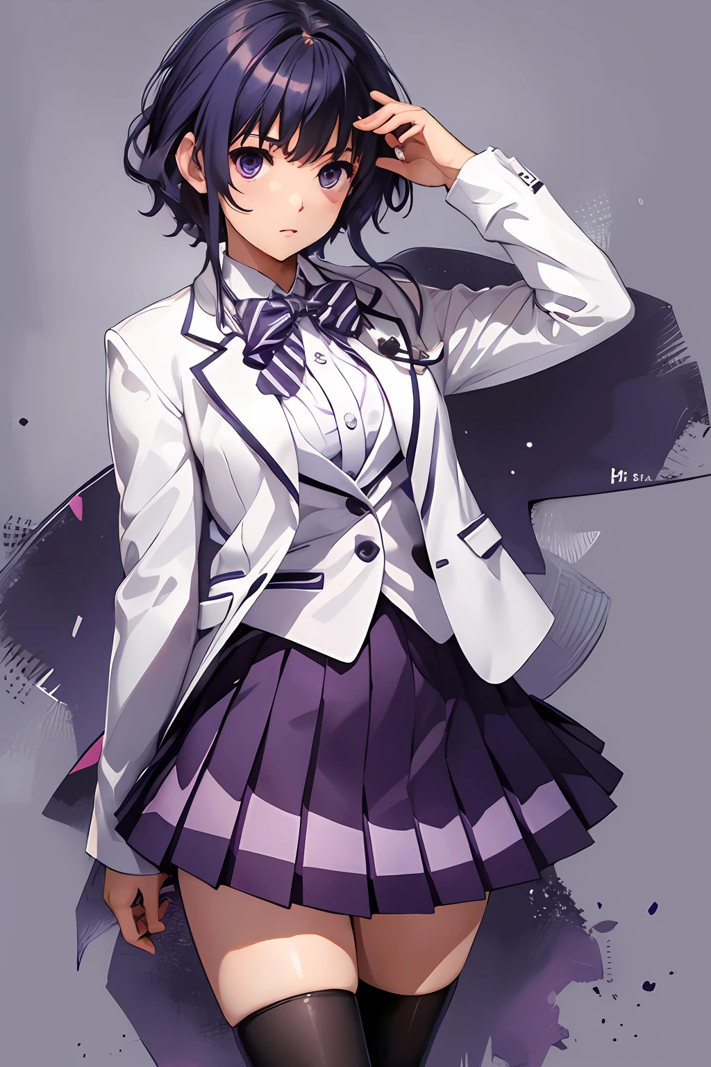 masterpiece, best quality, highres, hyoudou michiru, solo, pleated skirt, bowtie, striped bow, white jacket, black socks, purple skirt, white blazer, striped bowtie, long sleeves, standing, cowboy shot, steeet