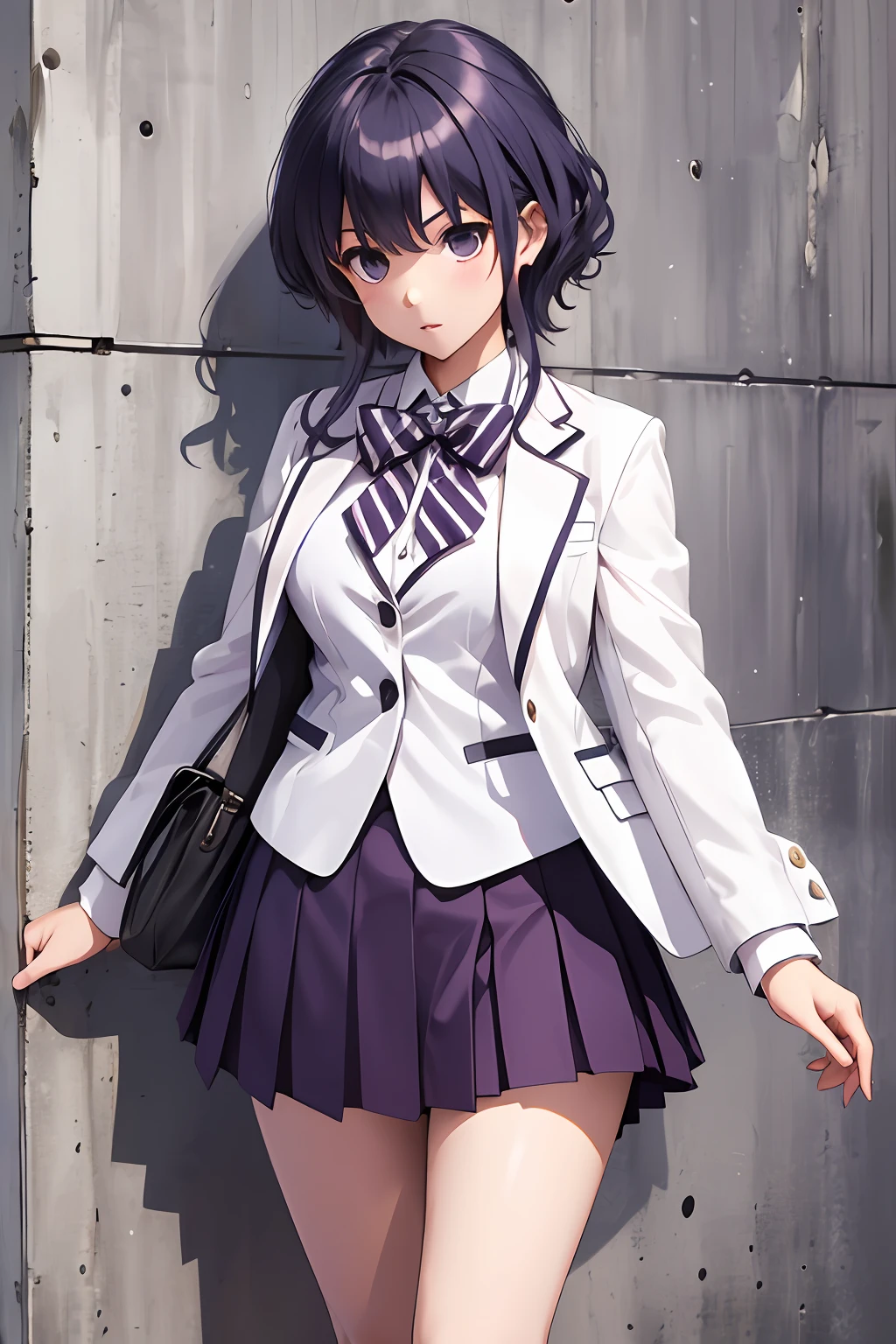 masterpiece, best quality, highres, hyoudou michiru, solo, pleated skirt, bowtie, striped bow, white jacket, black socks, purple skirt, white blazer, striped bowtie, long sleeves, standing, cowboy shot, steeet