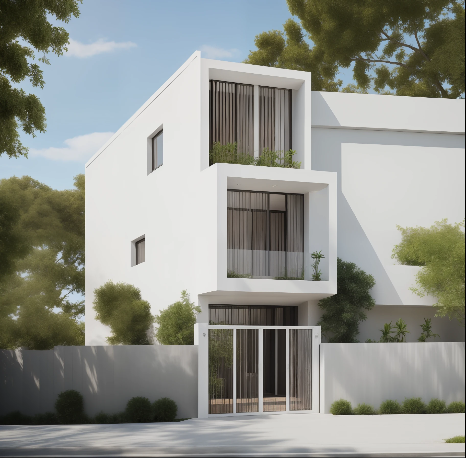 RAW photo,Masterpiece, high quality, best quality, authentic, super detail, exterior, townhouse, modern style, (lines:1.2),(white wall:1.1), (high detailed :1.2), 8k uhd, dslr, day lighting, high quality, film grain, Fujifilm XT3,gate , door , glass window