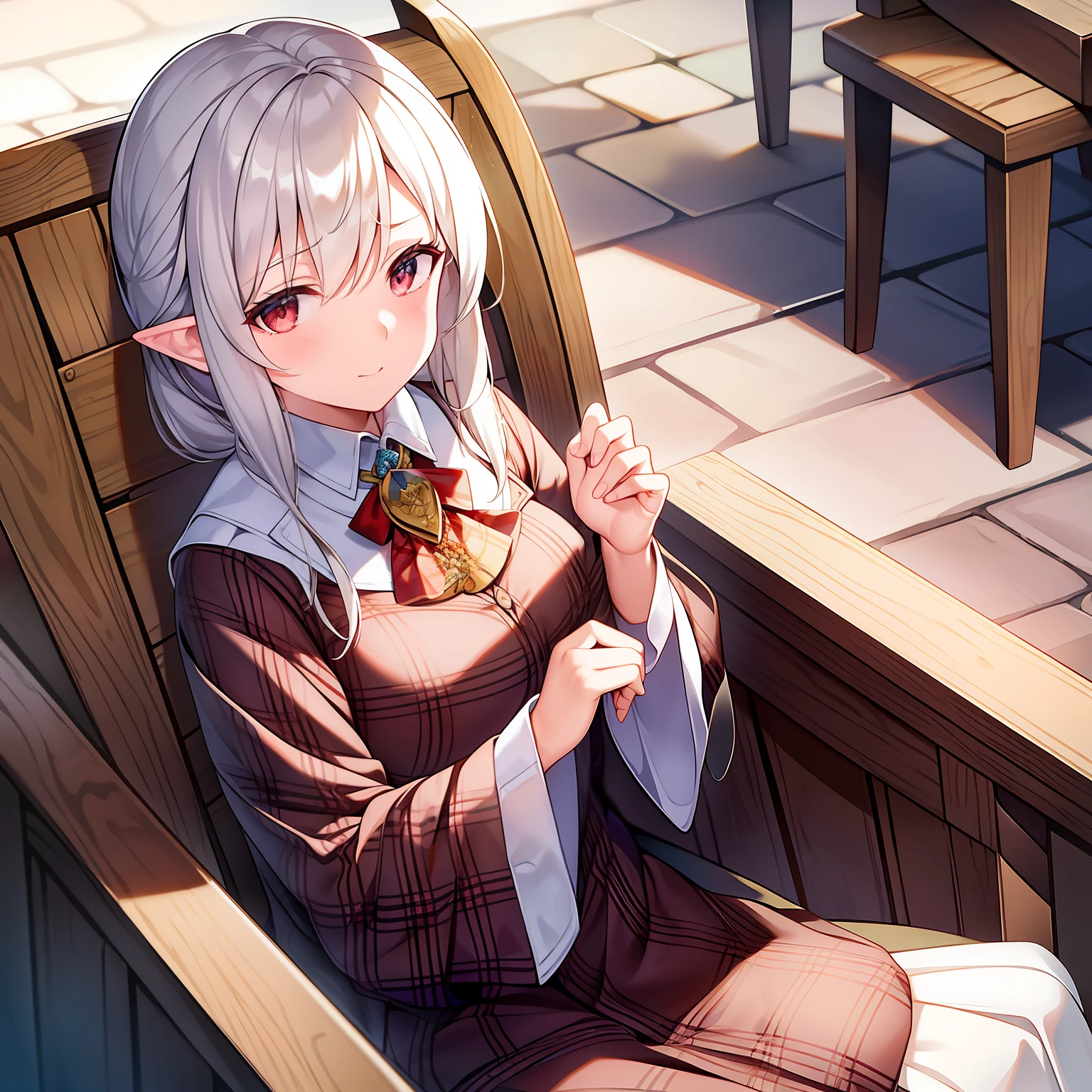 She looked plain，It's just a plaid shawl、Old lady with big carved brooch pinned。She sat in a wicker chair，Tease a long-eared retriever to look into camera，Expression joy，It's also a little nervous