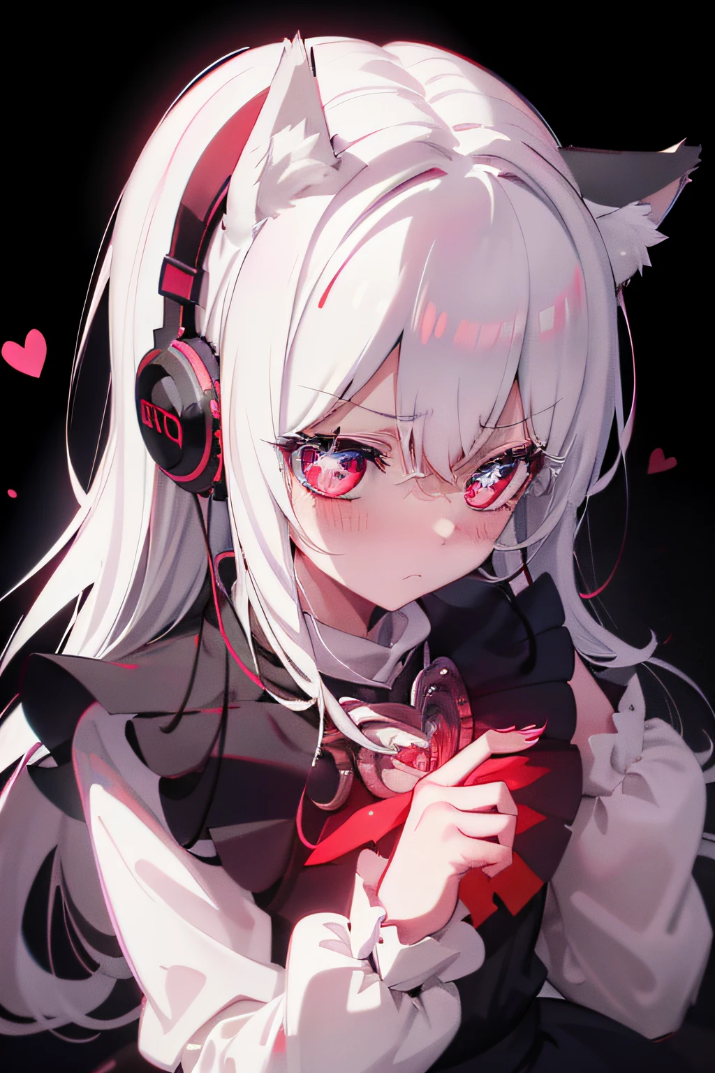 white hair, mini top hat, headphones, red eyes, cat ears, raised eyebrows, devil pupils, diamond-shaped pupils, shy, ear blush, jitome, bored, shaded, frown, chiaroscuro, silhouette, cinematic lighting, depth of field, highres