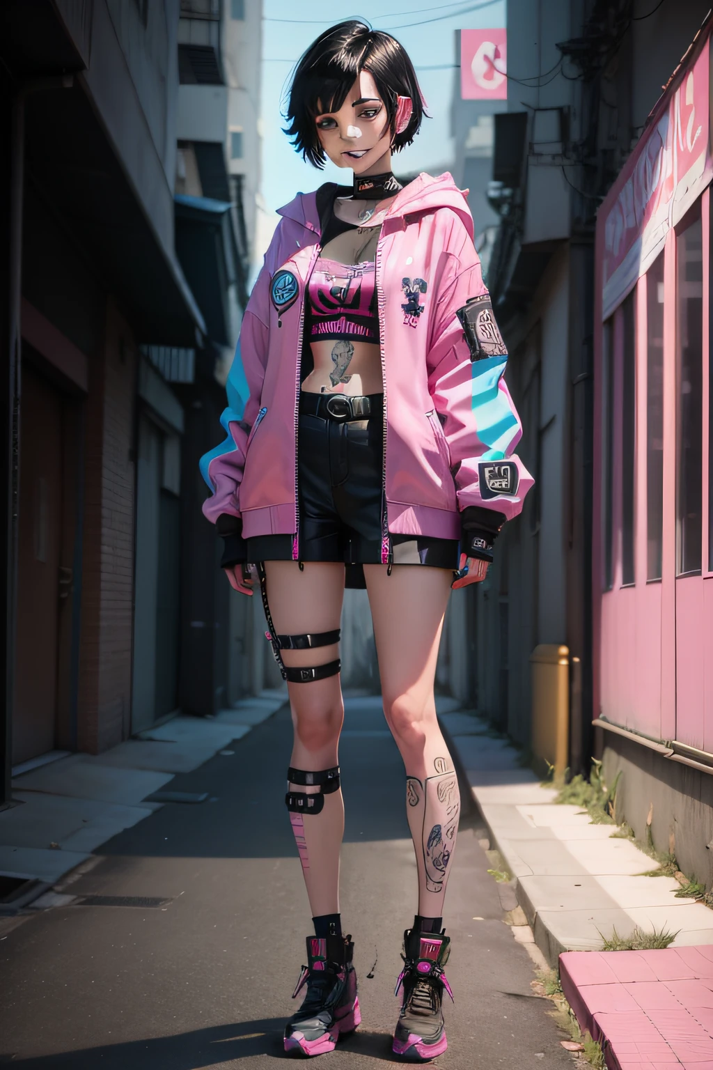 Junior Short Black Hair Cyberpunk Pink Blue Celluloid Fine Full Body Portrait Smile Skull Tattoo Giant Robot