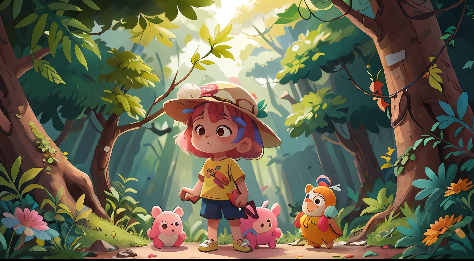 Menina brincando na floresta com uma cesta de piquenique, vestindo um short e camiseta, casaquinho rosa, cabelos longos, arvores, flores coloridas, lagos, hat on head