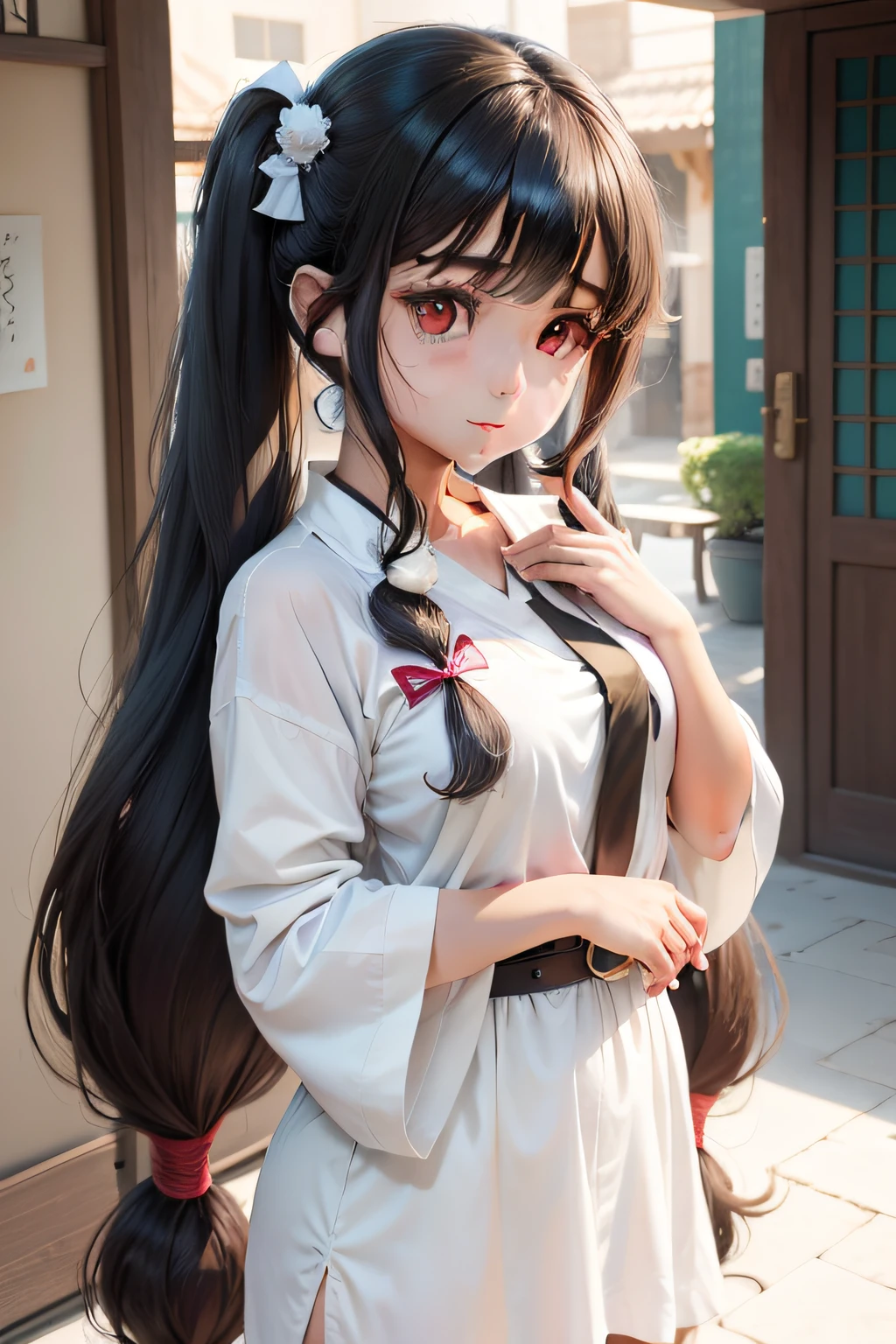 Arab asian girl with long hair and white shirt, shikamimi, sakimichan, 奈良美智, 8K!!, ulzzangs, chiho, cute natural anime face, Twin-tailed, けもの, reluvy5213, twintails hairstyle