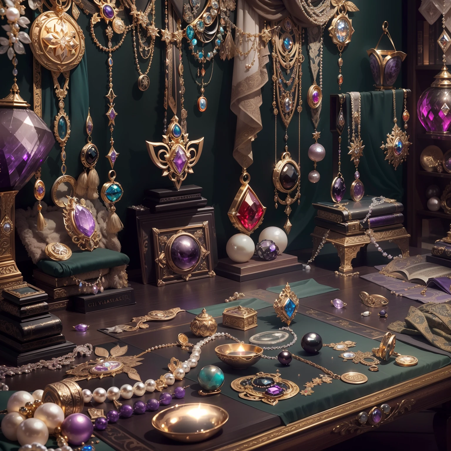 (goth style:1.2)，(Full Focus:2),(Everything is laid out in a display case:1.3)，(Silk products|medal|ore|obsidian|pearls|hisui|white jade|amethyst|sapphires|Gold products|Silver products|Purple gold|Magical jewelry|antiquarian|Red Jewel|Diamond|topaz|:2)，Magic symbols，Magic light particle effect，High-tech luxury， High-value jewelry,，High-value metals，luxury goods，Puzzles are prohibited, Detailed and complex background, glittery, reflective light, hyper HD, Award-Awarded, A high resolution, High detail, Chiaroscuro, Cinematic lighting, Masterpiece, Ray traching，structurally correct, Super detail, High quality, High details, Best quality, 16k