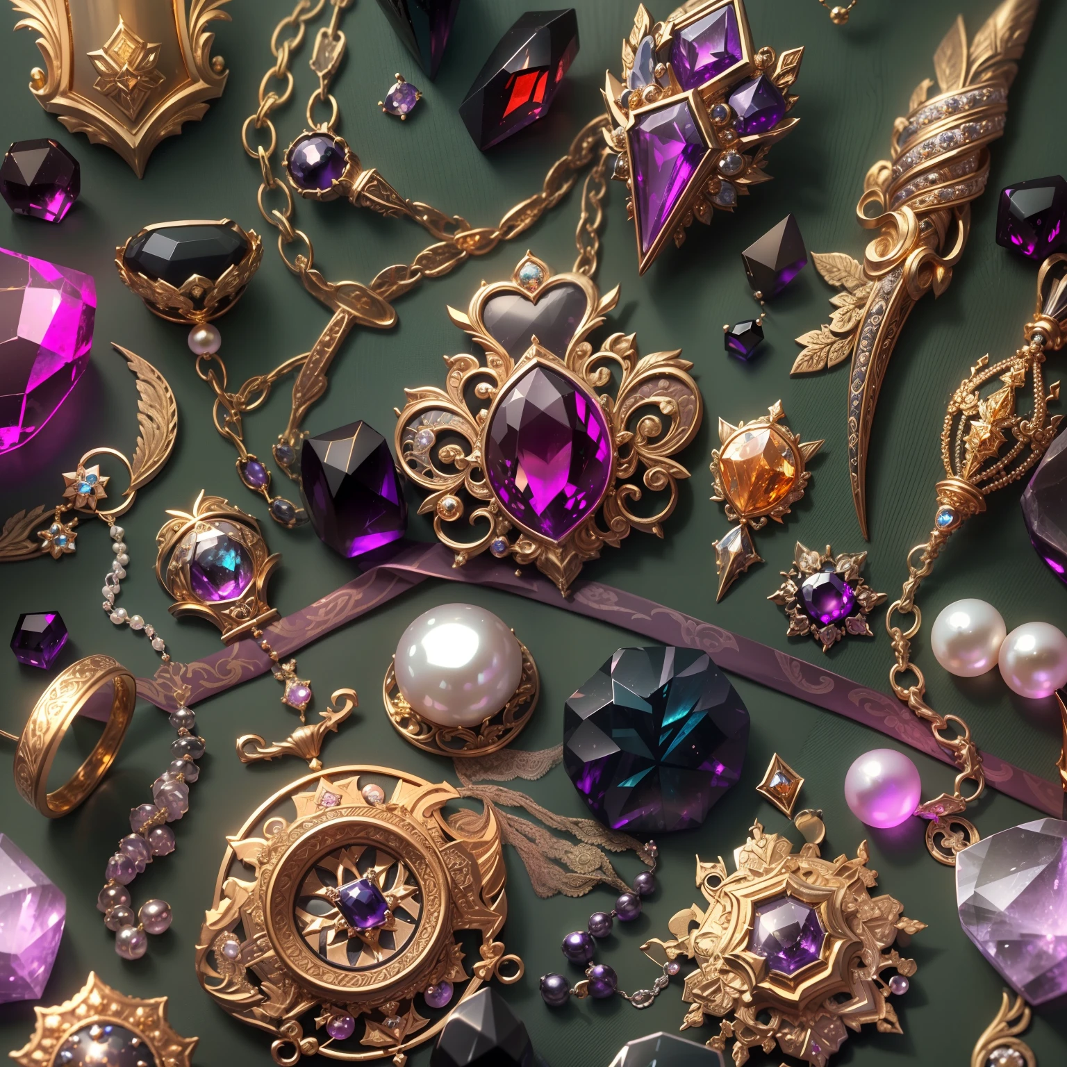 (goth style:1.2),(Full Focus:2),(Everything is laid out in a display case:1.3),(Silk products|medal|ore|obsidian|pearls|hisui|white jade|amethyst|sapphires|Gold products|Silver products|Purple gold|Magical jewelry|antiquarian|Red Jewel|Diamond|topaz|:2),Magic symbols,Magic light particle effect,High-tech luxury, High-value jewelry,,High-value metals,luxury goods,Puzzles are prohibited, Detailed and complex background, glittery, reflective light, hyper HD, Award-Awarded, A high resolution, High detail, Chiaroscuro, Cinematic lighting, Masterpiece, Ray traching,structurally correct, Super detail, High quality, High details, Best quality, 16k