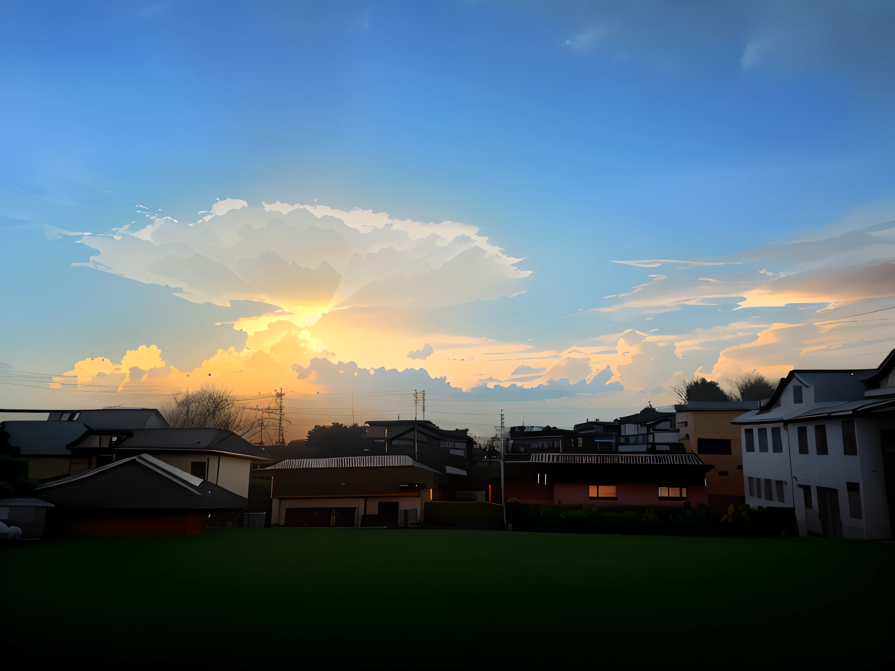 The clouds are darker,The sky is black, Sunset,Golden,The whole is dark,black in color,high light,There is a golden light in the clouds,Absolutely mesmerizing sunset,The sky is mixed with orange、Pink and yellow,The scene is full of movement,tmasterpiece,Highest image quality