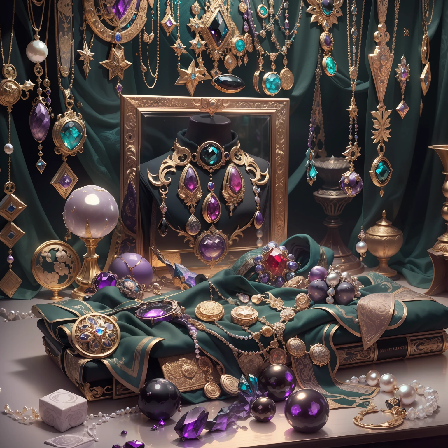 (goth style:1.2),(Full Focus:2),(Everything is laid out in a display case:1.3),(Silk products|medal|ore|obsidian|pearls|hisui|white jade|amethyst|sapphires|Gold products|Silver products|Purple gold|Magical jewelry|antiquarian|Red Jewel|Diamond|topaz|:2),Magic symbols,Magic light particle effect,High-tech luxury, High-value jewelry,,High-value metals,luxury goods,Puzzles are prohibited, Detailed and complex background, glittery, reflective light, hyper HD, Award-Awarded, A high resolution, High detail, Chiaroscuro, Cinematic lighting, Masterpiece, Ray traching,structurally correct, Super detail, High quality, High details, Best quality, 16k
