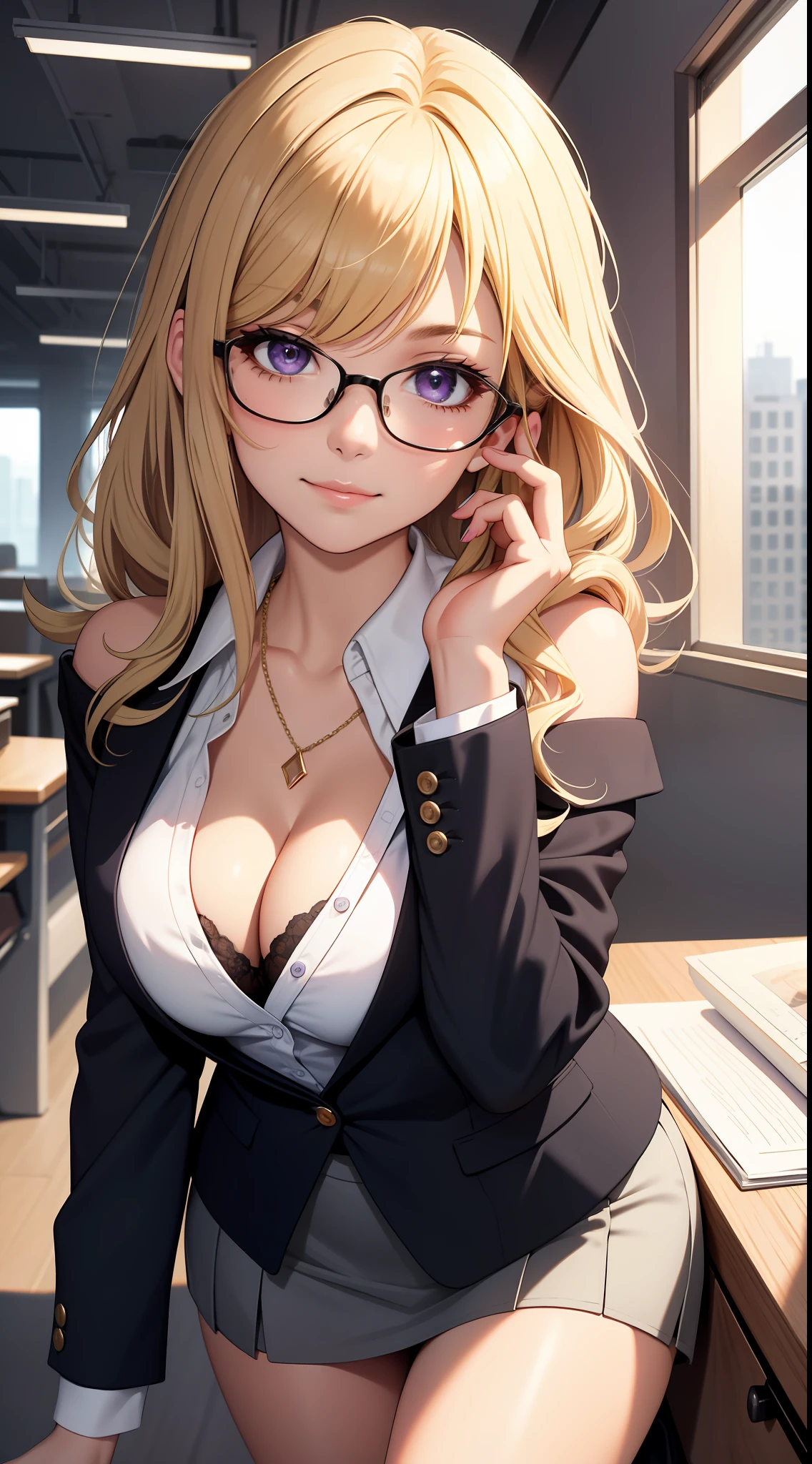 (Best quality:1.1), (Masterpiece:1.2), Highqualityshadow, Beautiful detailed, Beautiful face, Detailed eyes, Off-the-shoulder attire,Depth of field, A high resolution, Best shadow, Best illumination, 1girll, view the viewer, (Blonde hair:1.3),short detailed hair, Blunt bangs, Long hair, Purple eyes, Shy, Large breasts, Miniskirt, blouse, Blazer, Pump, Office Lady, Glasses,cleavage,looks into camera,ssmile,closeup cleavage