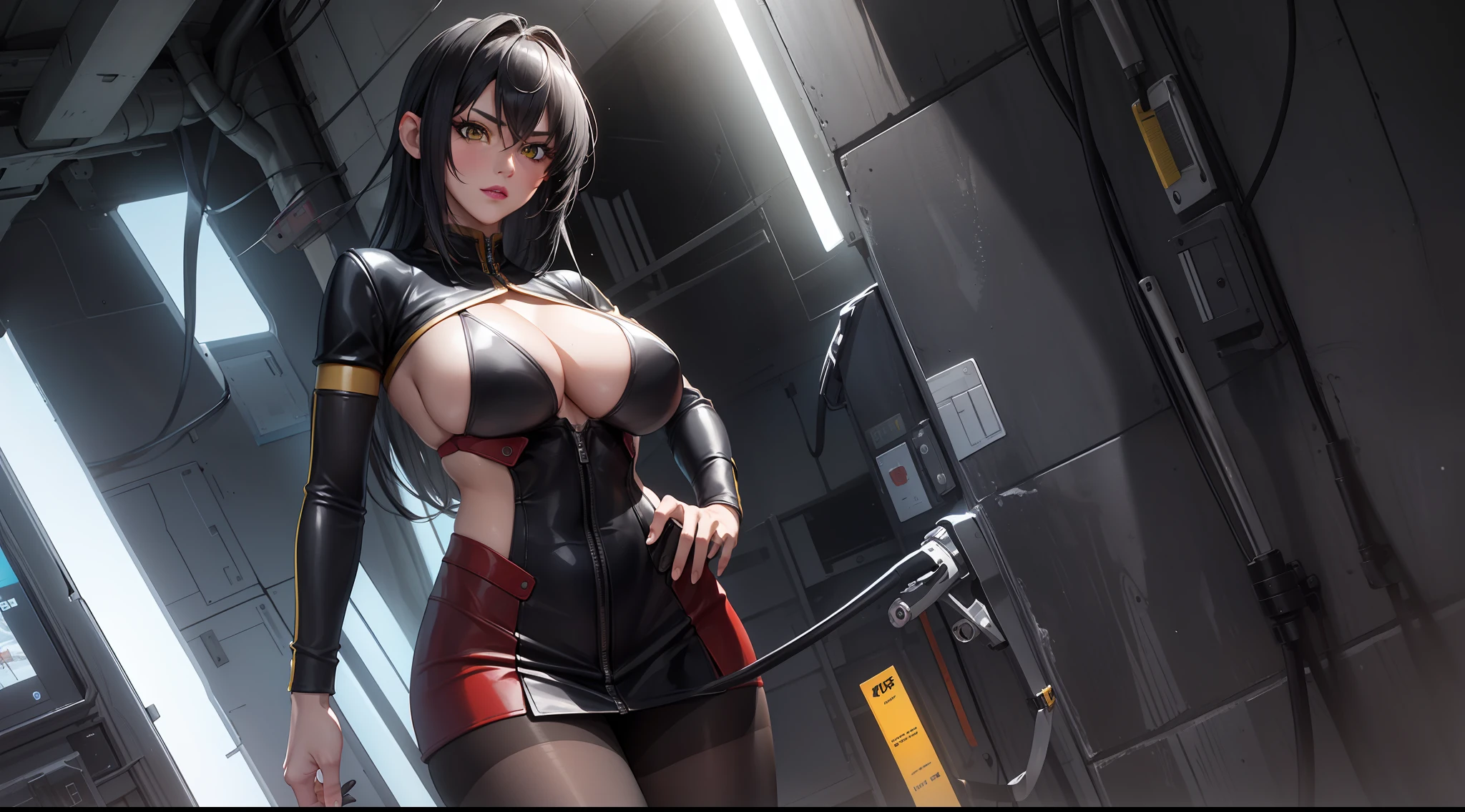 professional artwork, Intricate Details, field of view, sharp focus, detailed painting, photorealistic lighting, trending on pixiv, Standing at attention, black outfit ,yellow collared shirt,black and red bodysuit,skin_tight,black legwear, black pantyhose, Side_boob, black hair,very long hair, Bangs,yellow eyes,makeup, lipstick, 20yo,mature female,Beautiful Finger,Beautiful long legs,Beautiful body,Beautiful Nose,Beautiful character design, perfect eyes, perfect face, looking at viewer,official art,extremely detailed CG unreal engine 8k wallpaper, perfect lighting,Colorful, Bright_Front_face_Lighting, (masterpiece:1.0),(best_quality:1.0), ultra high res,4K,ultra-detailed, photography, 8K, HDR, highres, absurdres:1.2, Kodak portra 400, film grain, blurry background, (Beautiful,large_Breasts:1.4), (beautiful_face:1.5),(narrow_waist), (solo:1.4), ((landscape dimension)), rich detailed makeup, rich detailed eyeshadow, rich detailed lips, rich detailed lipstick, beautiful detail eyes