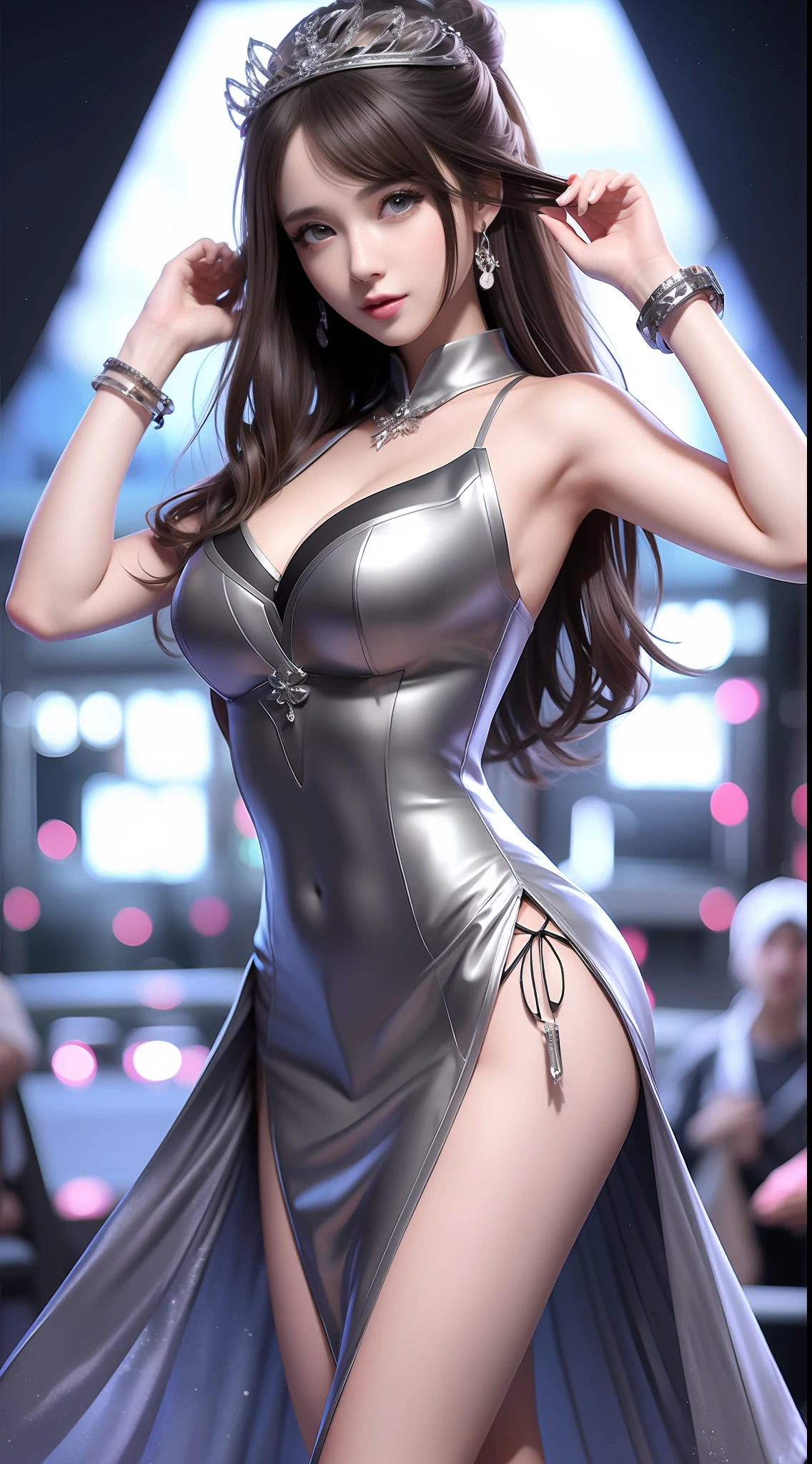 4K Ultra HD, Masterpiece, Very high quality, A girl, 22-year-old girl, Good face, Smooth face, Detailed eyes, Beautiful hair, Very long hair, Hair Band, Cute look, （C cup），Silver party outfit, shiny dress, night club, Party lighting, in club, be on stage, Full body capture,