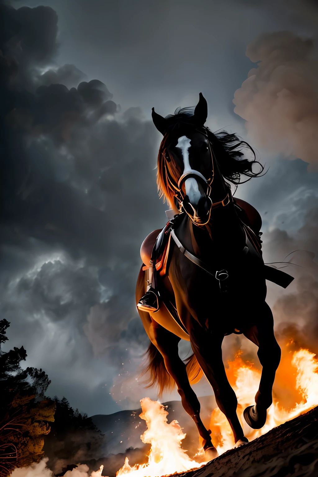 tmasterpiece,best qualtiy,hyper HD, 8K,Bokeh,Ultra-fine painting,Sharp focus,Physically-based rendering,Extreme detail description，1 female，(Raised sexy;1.5)，ride horse，White tights，DEEP-V COLLAR，open waist，Golden hair，Long, Thick braids，A detailed eye，Straight nose，perfect bodies，(Battlefield fighting：1.5），Gunsmoke fills，Smoke billowed out，Flames lit up the sky，from below，中景 the scene is，Close-up Shot Shot，
