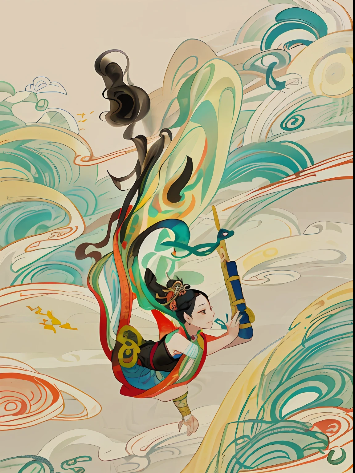 An ancient Chinese beauty, dancing, gorgeous costumes embroidered with complex embroidery, transparent long colored streamers tied on her arms, elegant, exposed belly button, bare shoulders, exposed neck, wreath, black hair bun and flower hairpin headband, Armbands are tied with ribbons, bracelets, anklets, metal chain tassels around the waist, Mogao Grottoes art, inspiration from Dunhuang Flying Apsaras murals, ink wash, cgstation pop --v 6