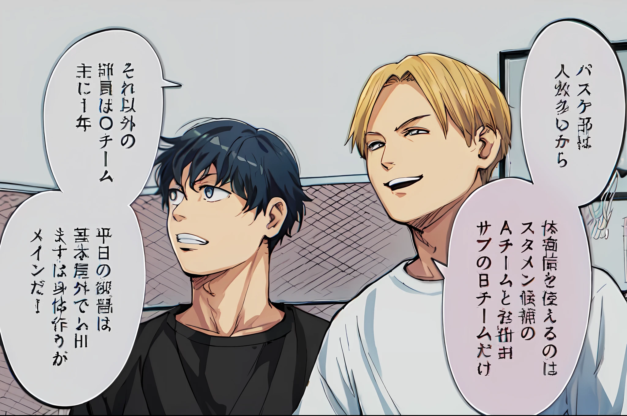 a anime of a boys manga, talking, text manga, color manga, manga color, color manga, color manga panel, simple background