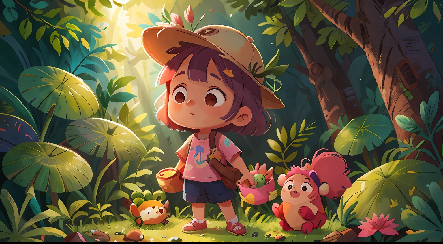 Menina brincando na floresta com uma cesta de piquenique, vestindo um short e camiseta, casaquinho rosa, cabelos longos, arvores, flores coloridas, lagos, hat on head