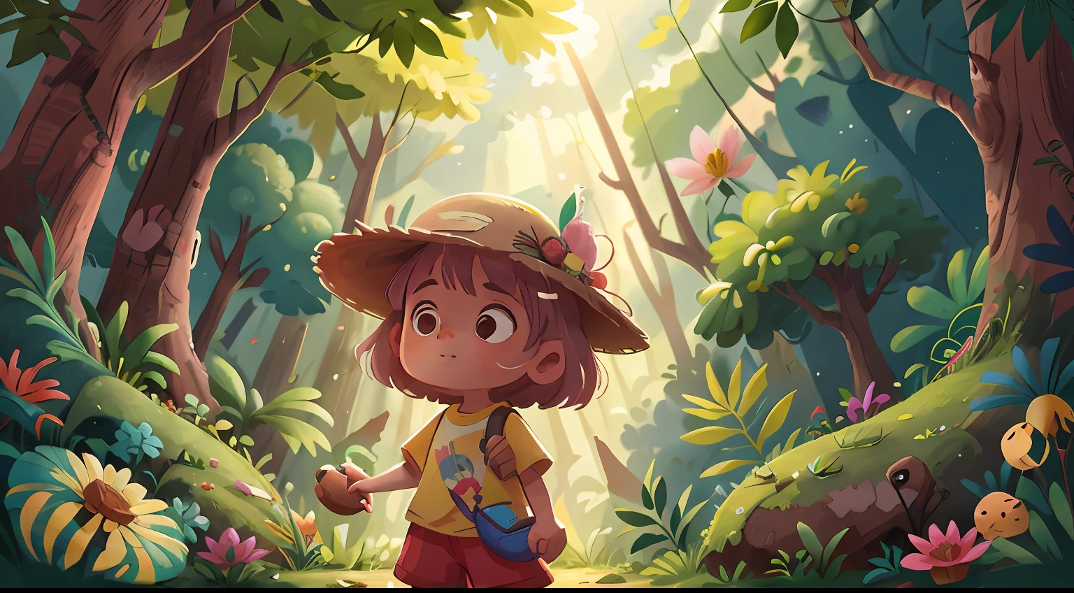 Menina brincando na floresta com uma cesta de piquenique, vestindo um short e camiseta, casaquinho rosa, cabelos longos, arvores, flores coloridas, lagos, hat on head