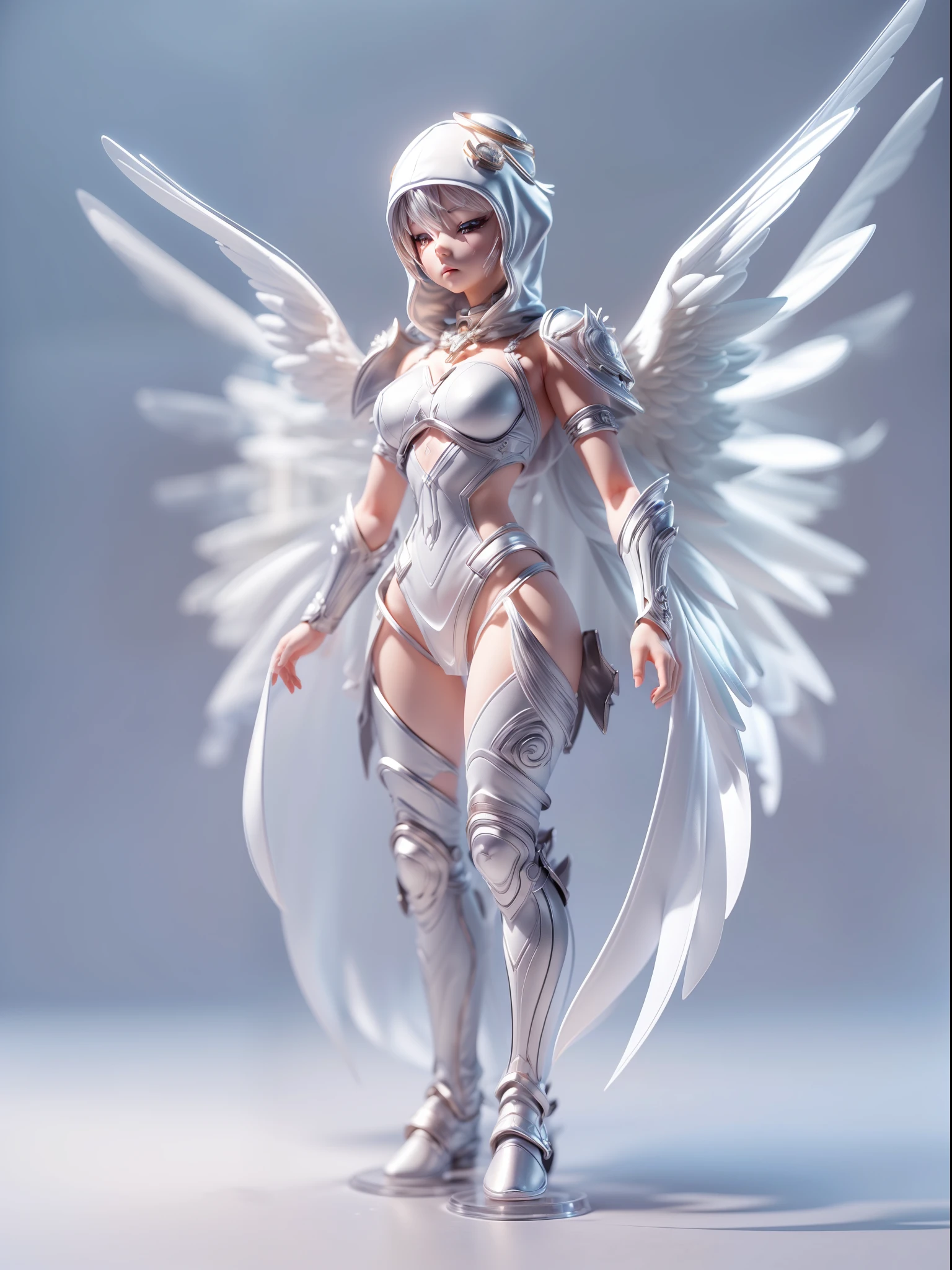 (Blind box toy style:1.3),((Full body shot)) , (1 female angel)(((solo))) transparent cloth armor,transparent Cloth hood, dreamy glow, Clean background,white and silver style,(circular base)( Global illumination, Ray tracing, hdr, unreal render,reasonable design, high detail, Masterpiece, Best quality, hyper HD, Cinematic lighting)