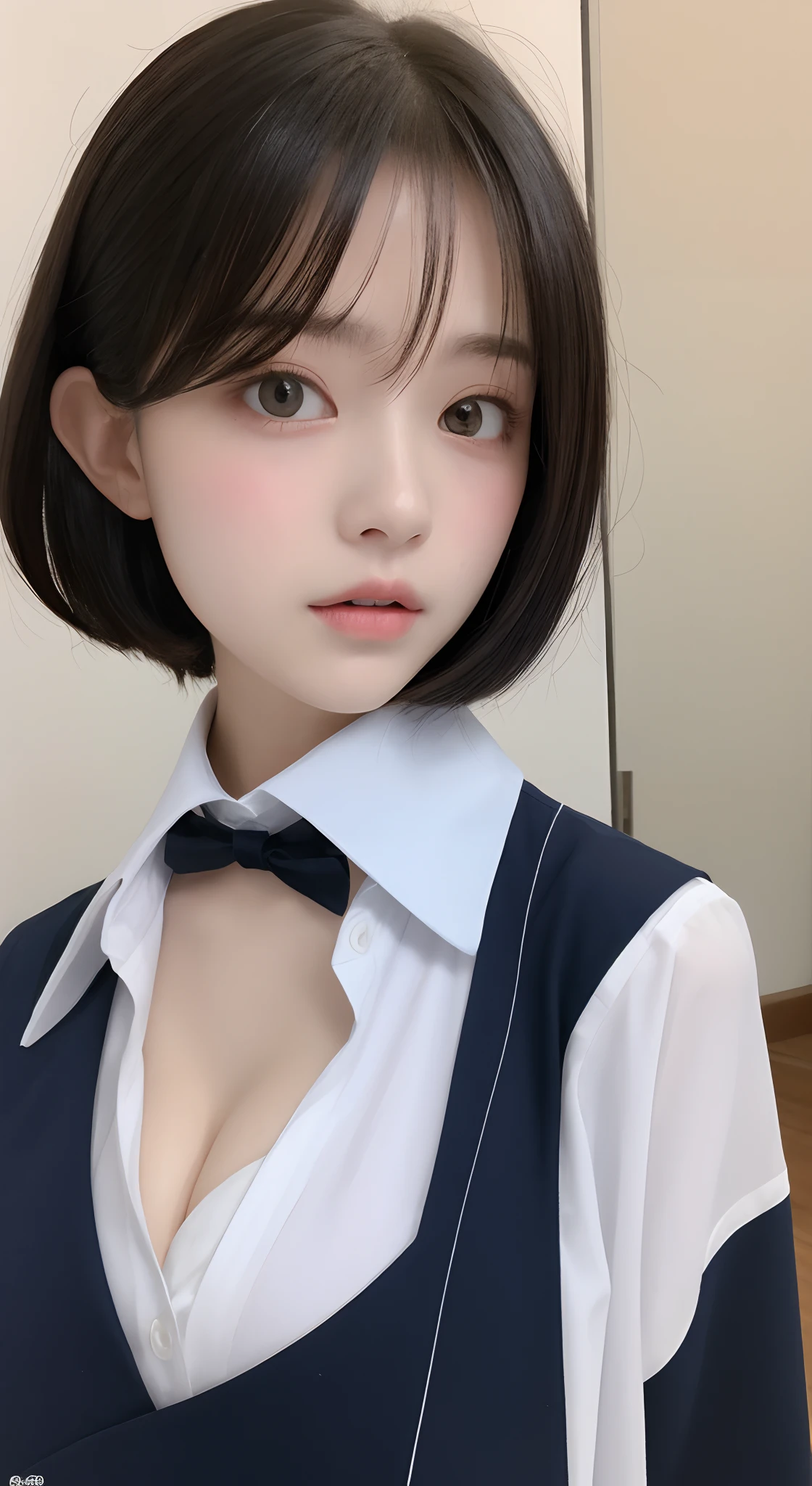 perfect figure beautiful woman：1.4，Layered Hair Style，Protruding cleavage：1.2，JK school uniform：1.5，Highly Detailed Face and Skin Textur，Narrow eyes，二重まぶた，Whitens the skin，short detailed hair，full bodyesbian